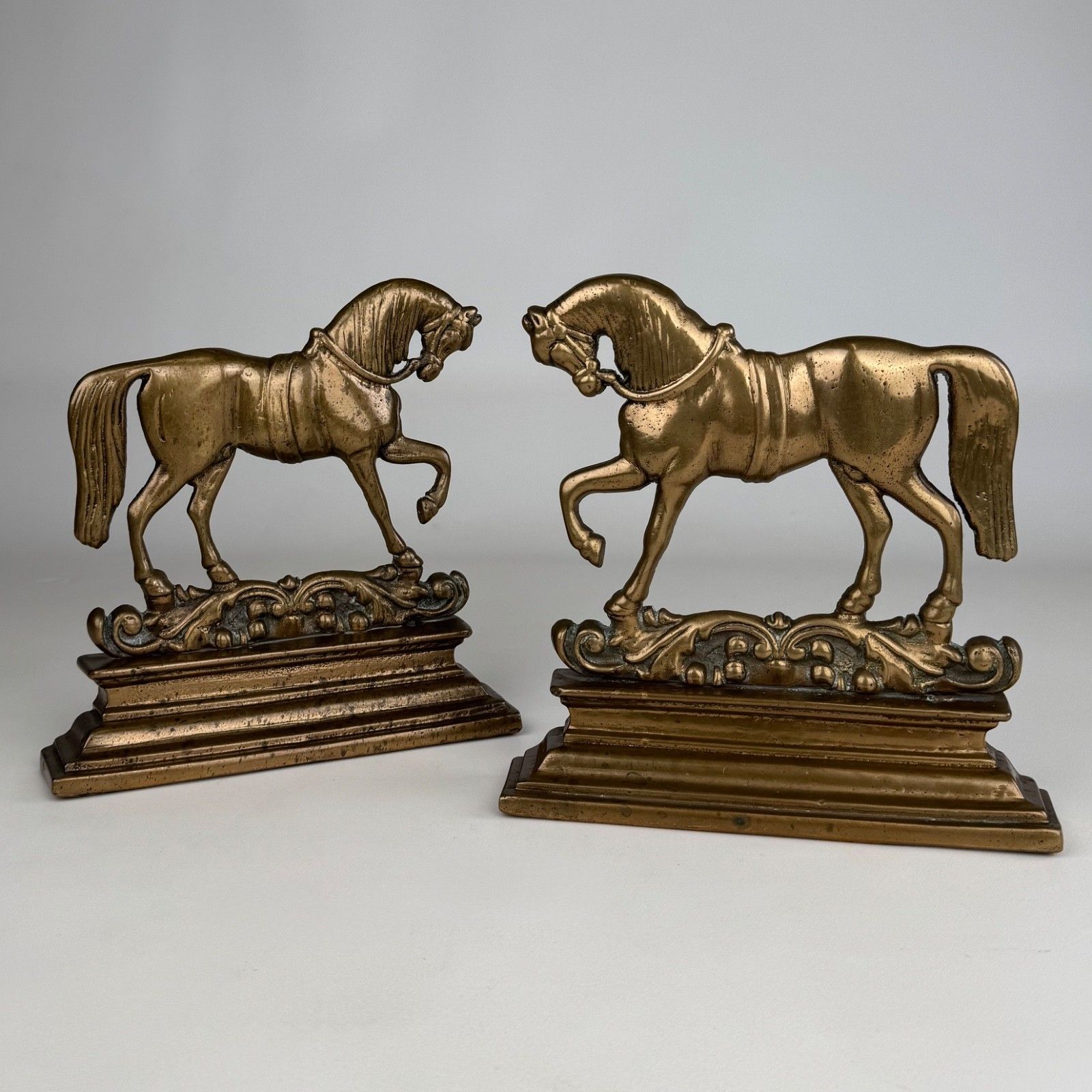 Antique 19th Century Pair Of Brass Horse Shaped Doorstops