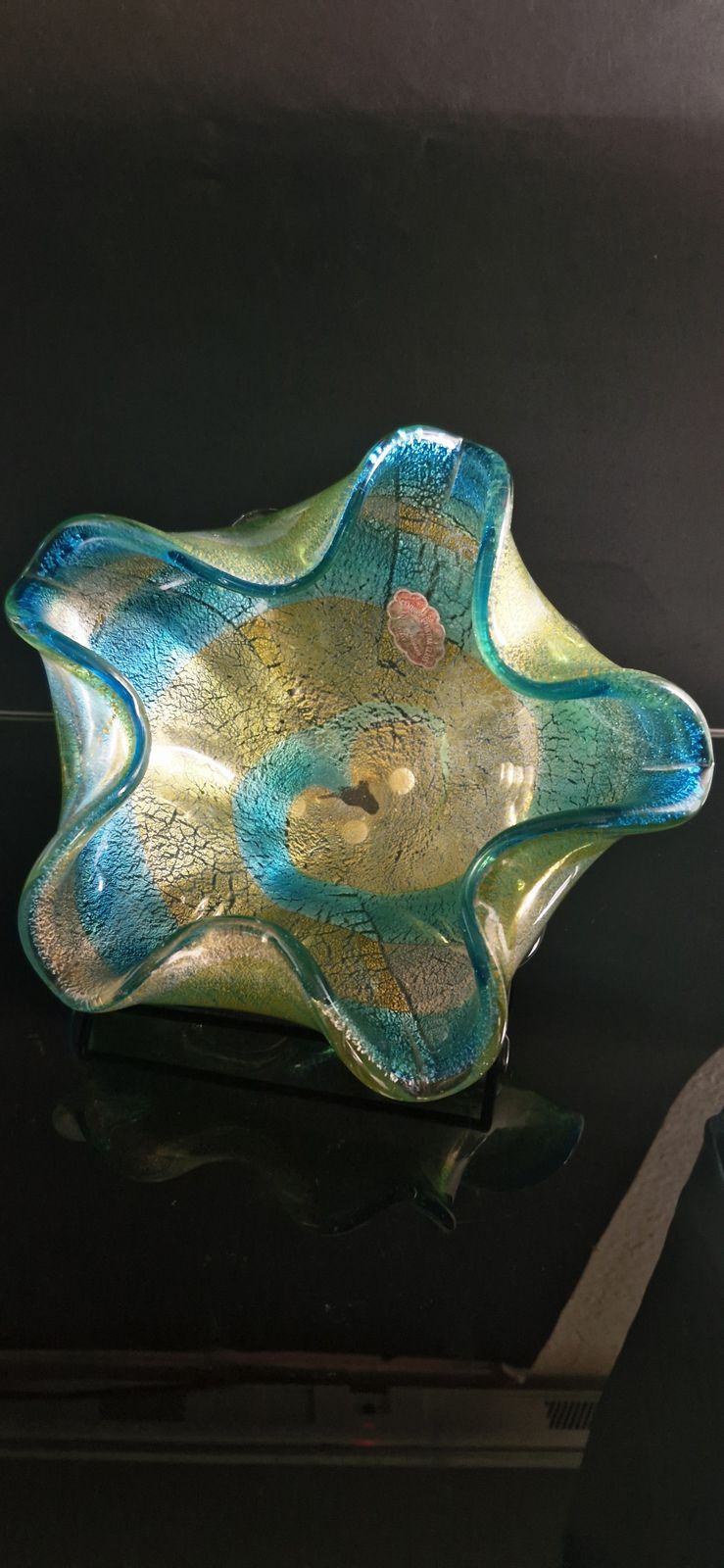Mid Century Large Murano Glass Centerpiece With Gold And Silver Leaves