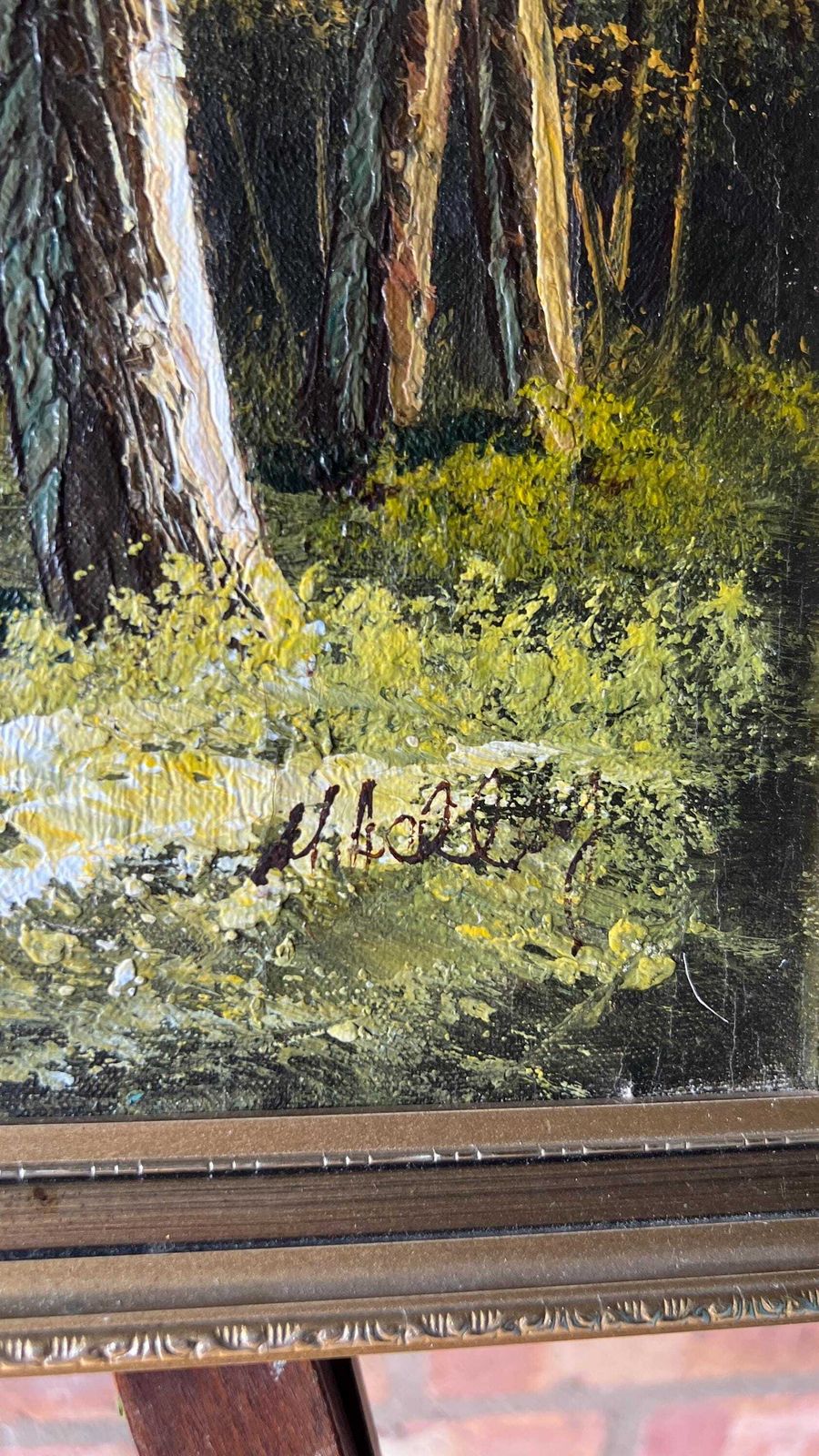 Late 20th Century Framed Oil Painting — Serene Mountain Forest Path Landscape photo 149.0