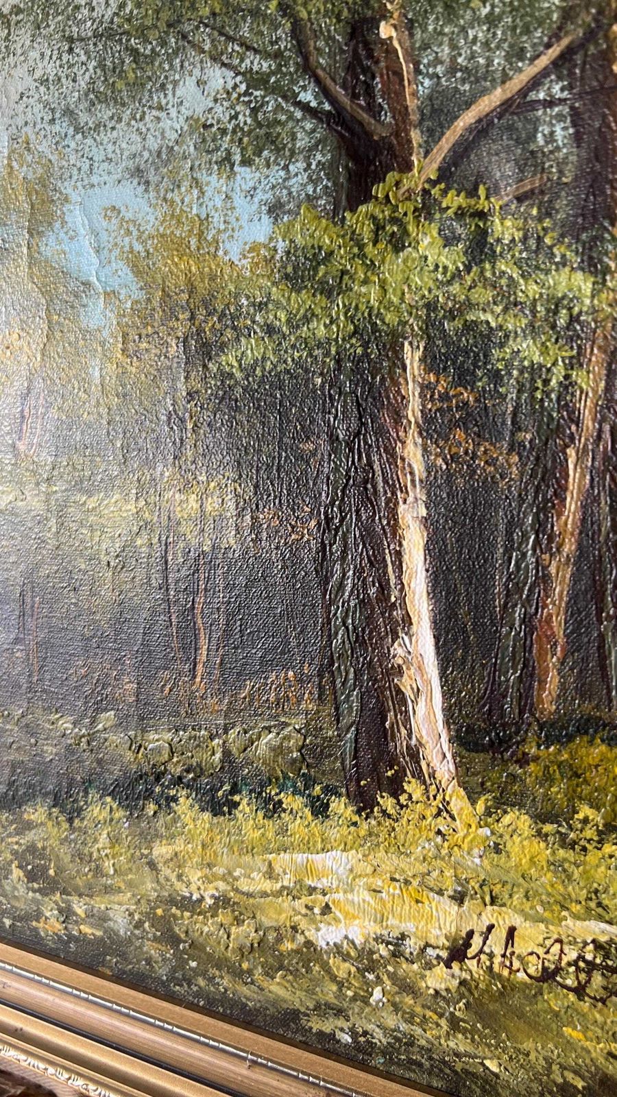 Late 20th Century Framed Oil Painting — Serene Mountain Forest Path Landscape photo vinterior