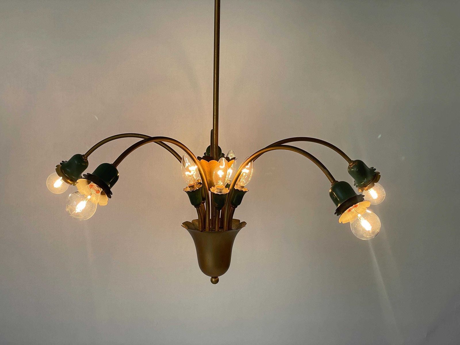 Mid Century Modern 5 Head Green Metal And Brass Chandelier, 1950s, Italy photo furniture