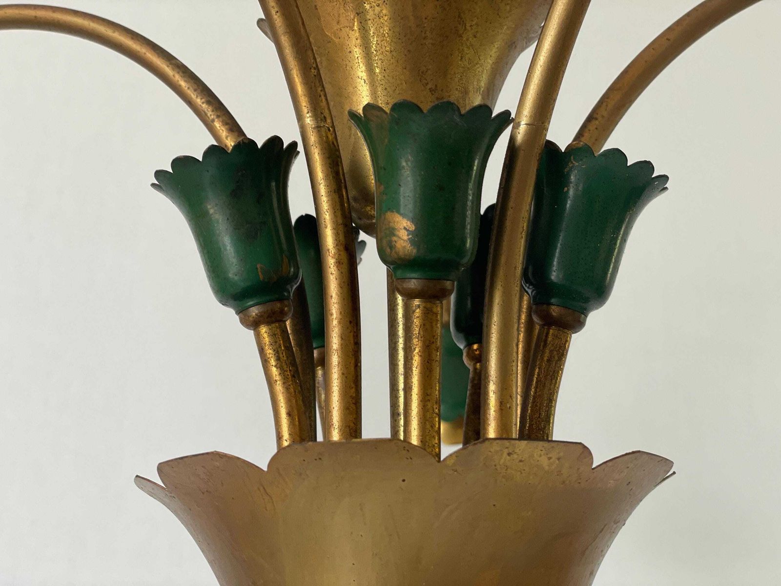 Mid Century Modern 5 Head Green Metal And Brass Chandelier, 1950s, Italy photo 5324.0