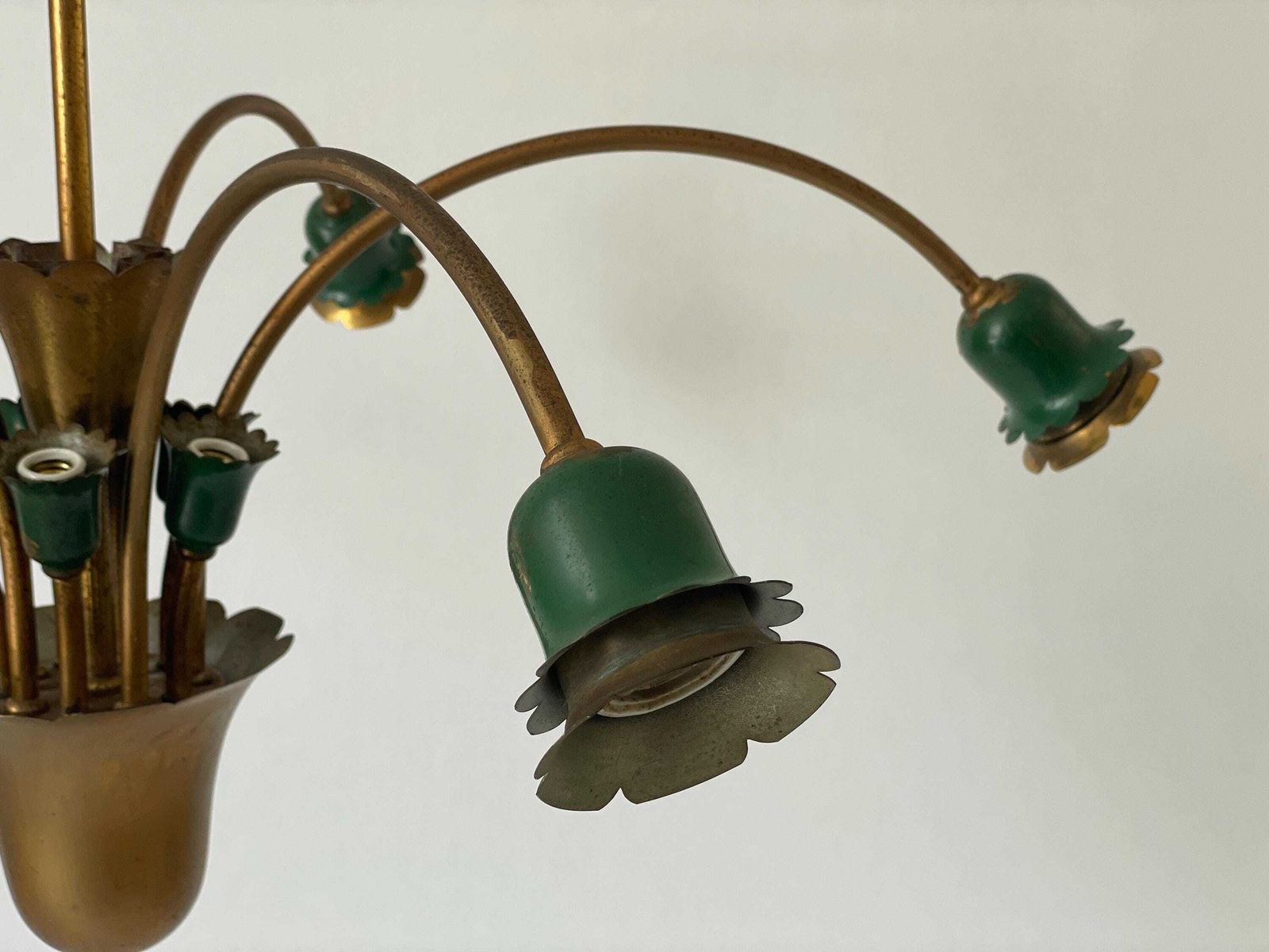 Mid Century Modern 5 Head Green Metal And Brass Chandelier, 1950s, Italy photo buy
