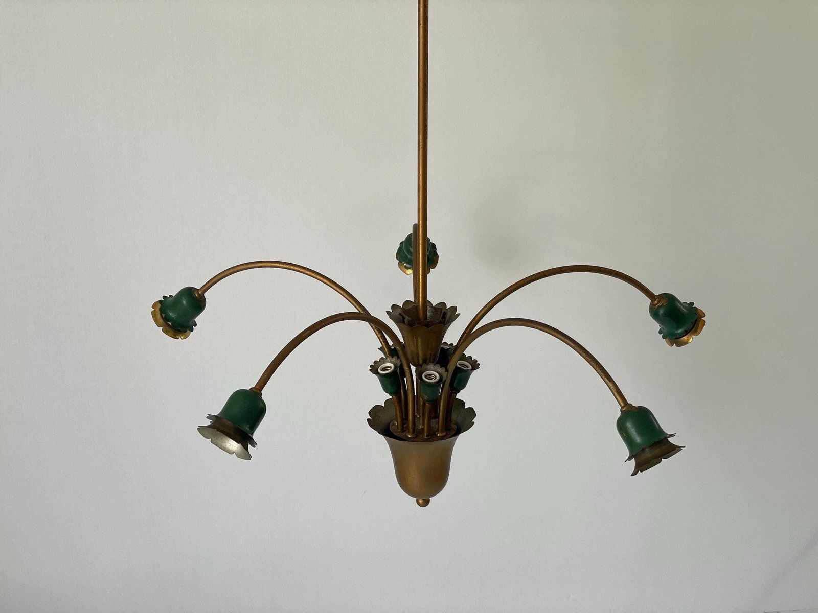 photo for sale Mid Century Modern 5 Head Green Metal And Brass Chandelier, 1950s, Italy