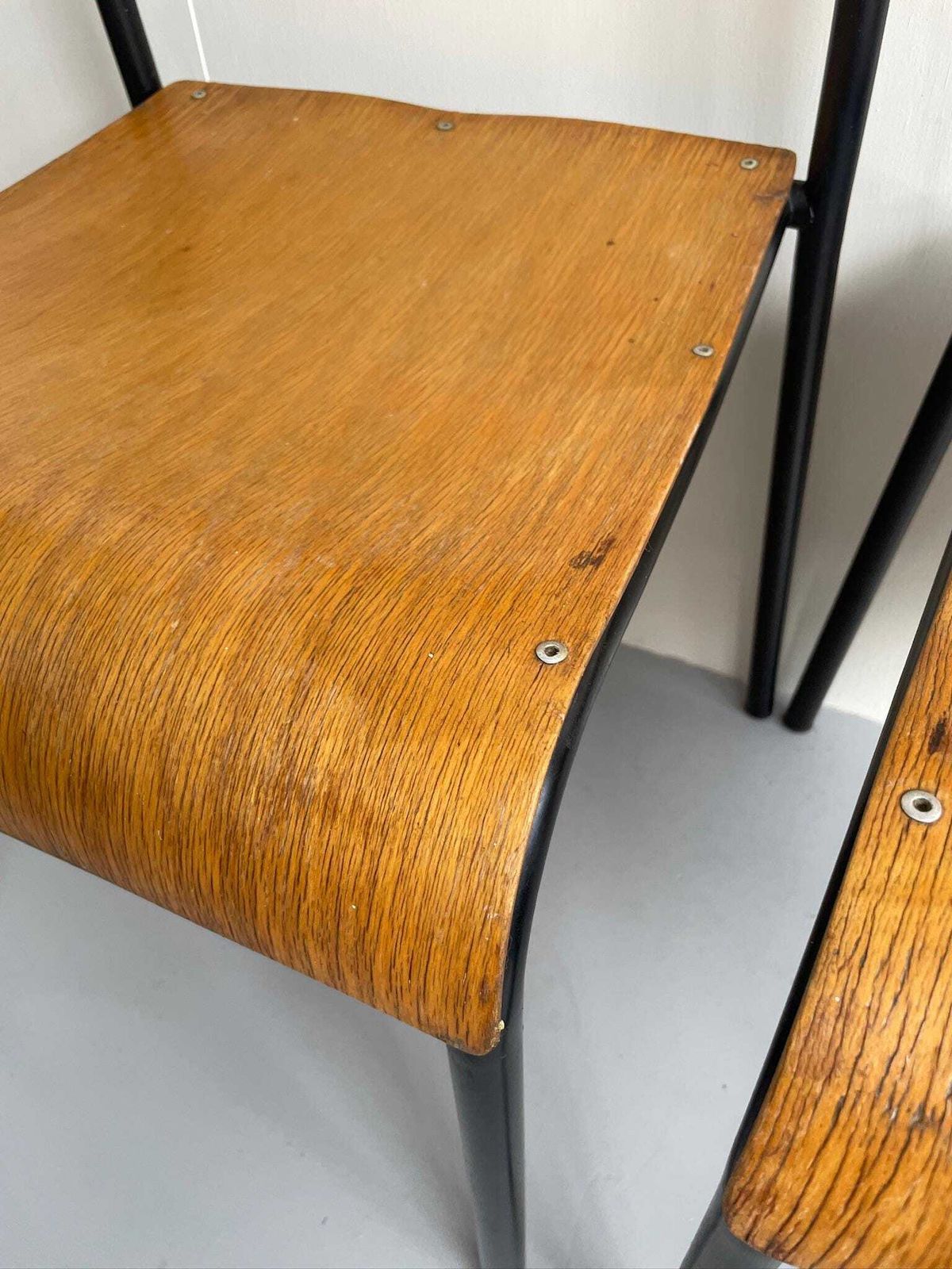 Pair Of Vintage Industrial Metal Stacking Dining Chairs With Bent Plywood Seats By Shepherd photo vinterior