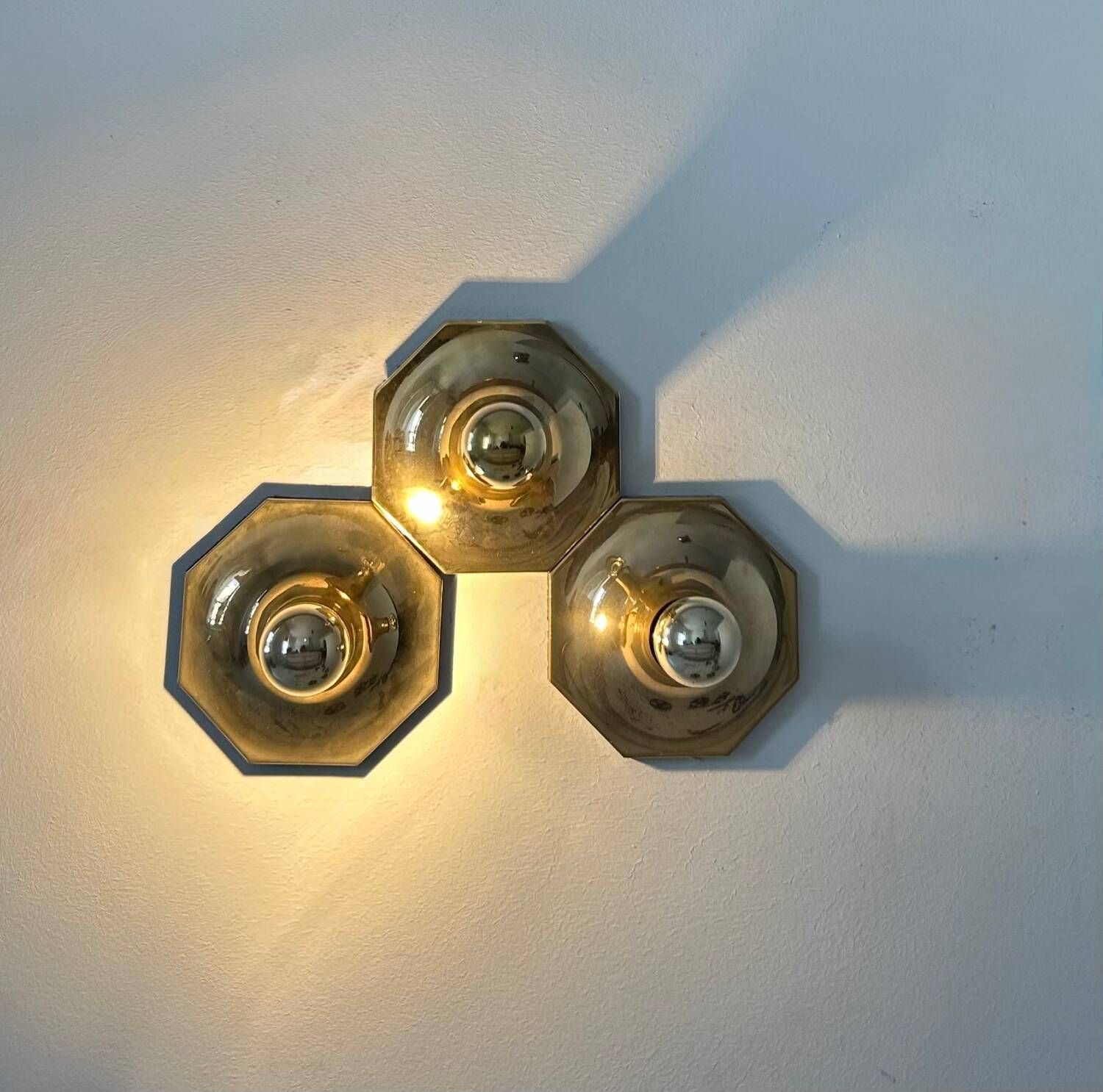 Set Of 3 Motoko Ishii Wall Lights For Staff Leuchten, Brass, 1970 photo for sale
