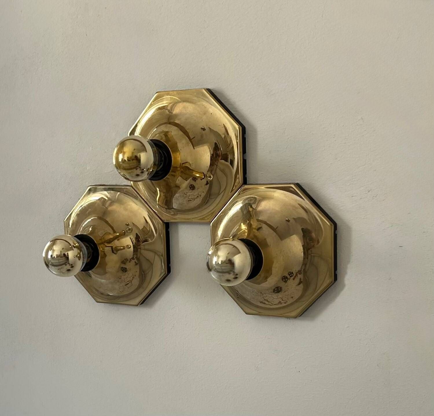 Set Of 3 Motoko Ishii Wall Lights For Staff Leuchten, Brass, 1970 photo Lighting