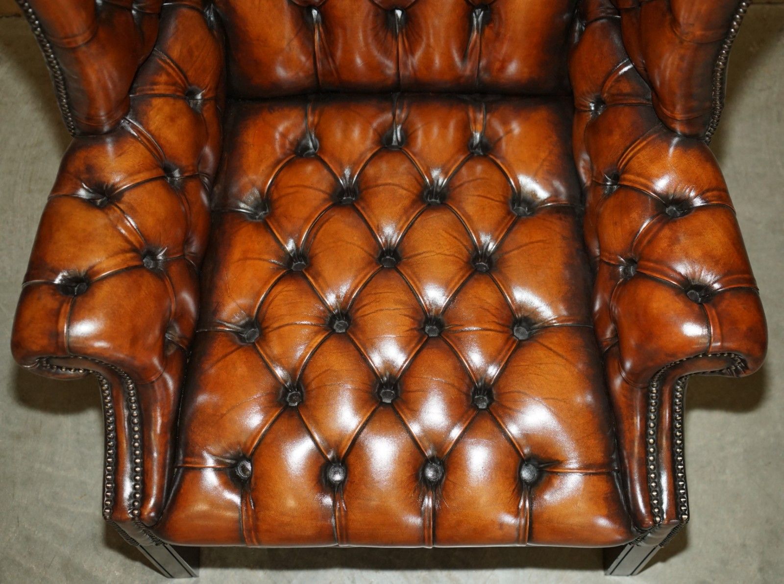 photo for sale Pair Of Restored Georgian H Framed Chesterfield All Tufted Wingback Armchairs