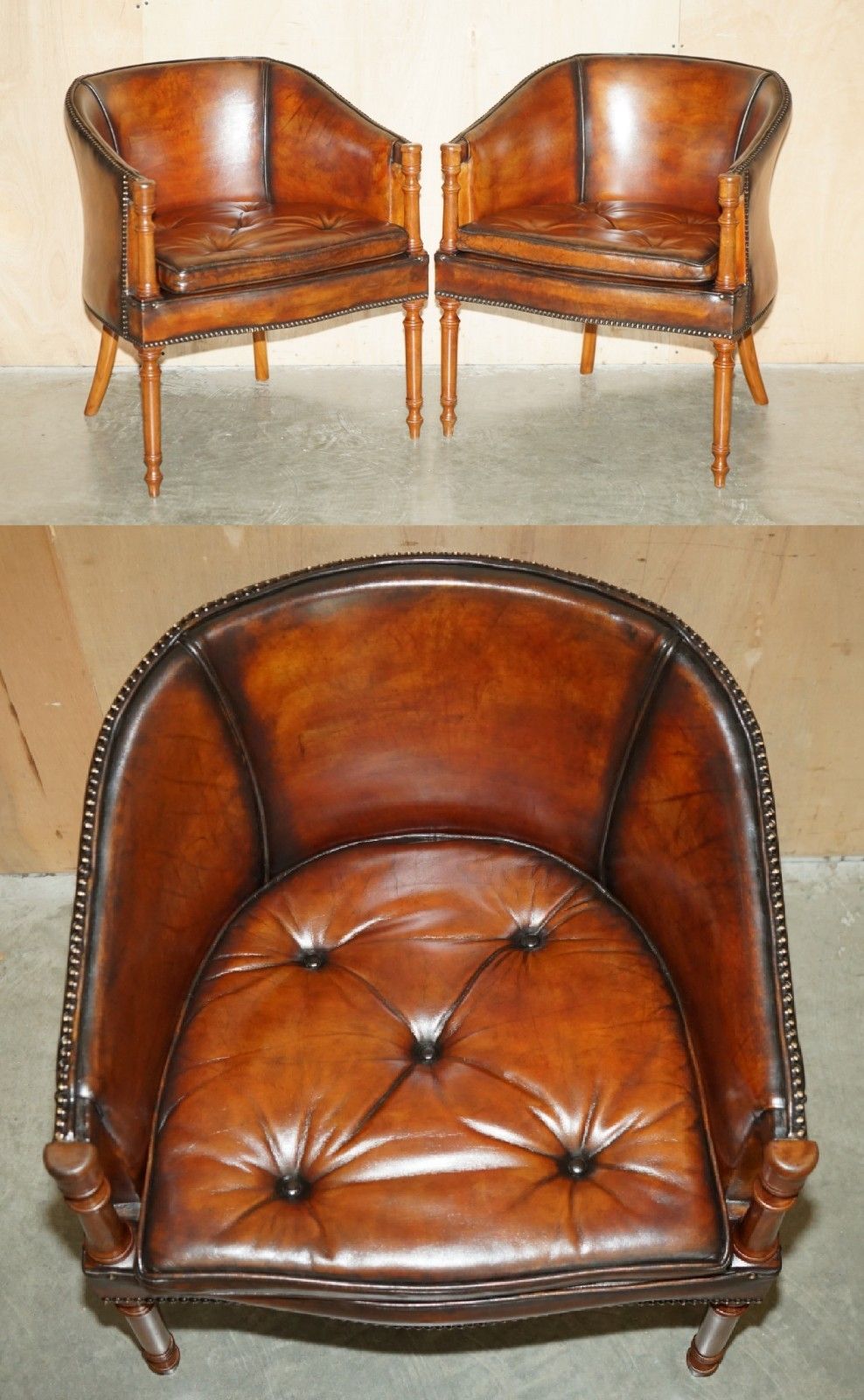 Pair Of Hand Dyed Brown Leather Davenport Barrel Back Chesterfield Armchairs