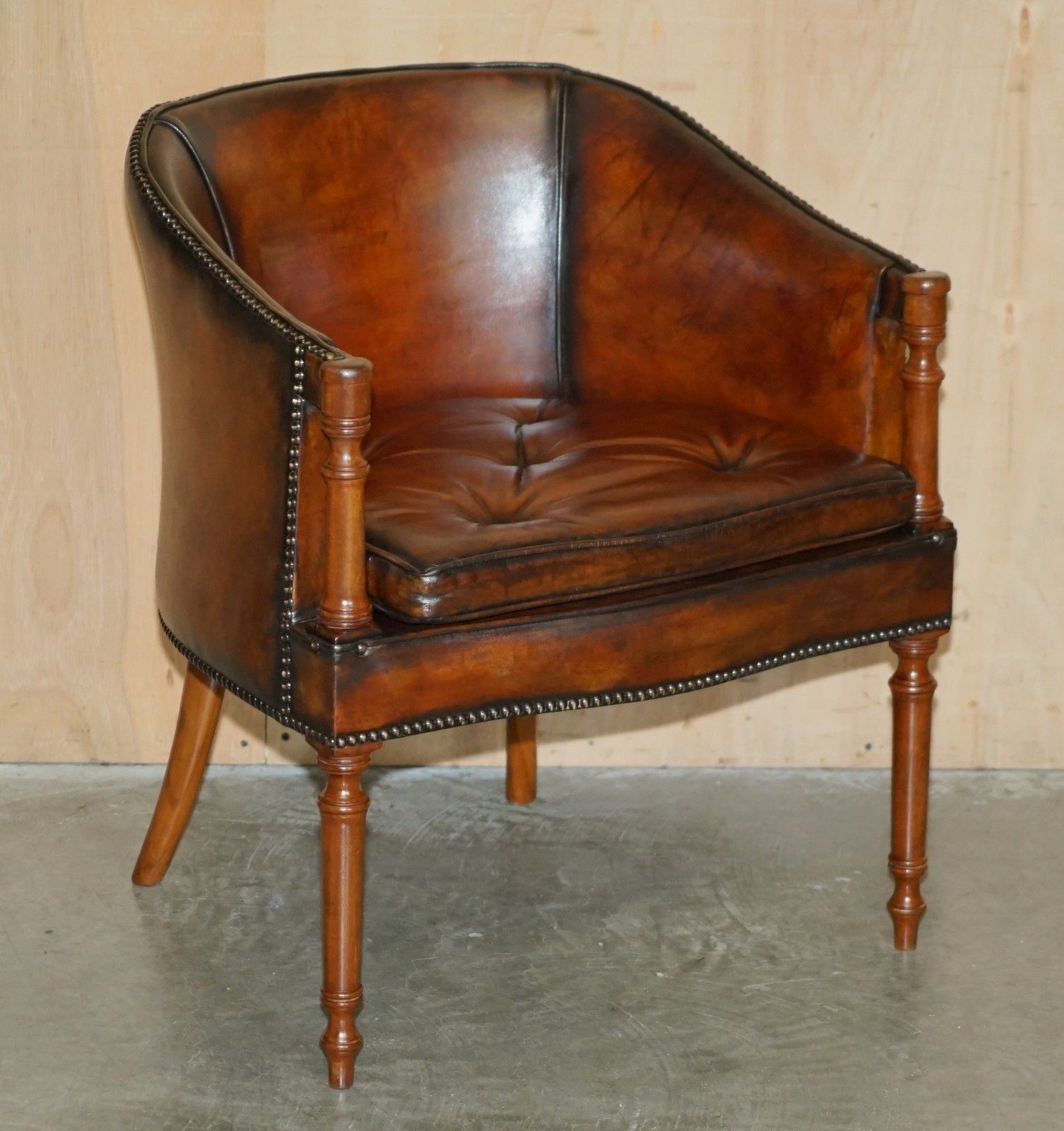 Pair Of Hand Dyed Brown Leather Davenport Barrel Back Chesterfield Armchairs photo for sale