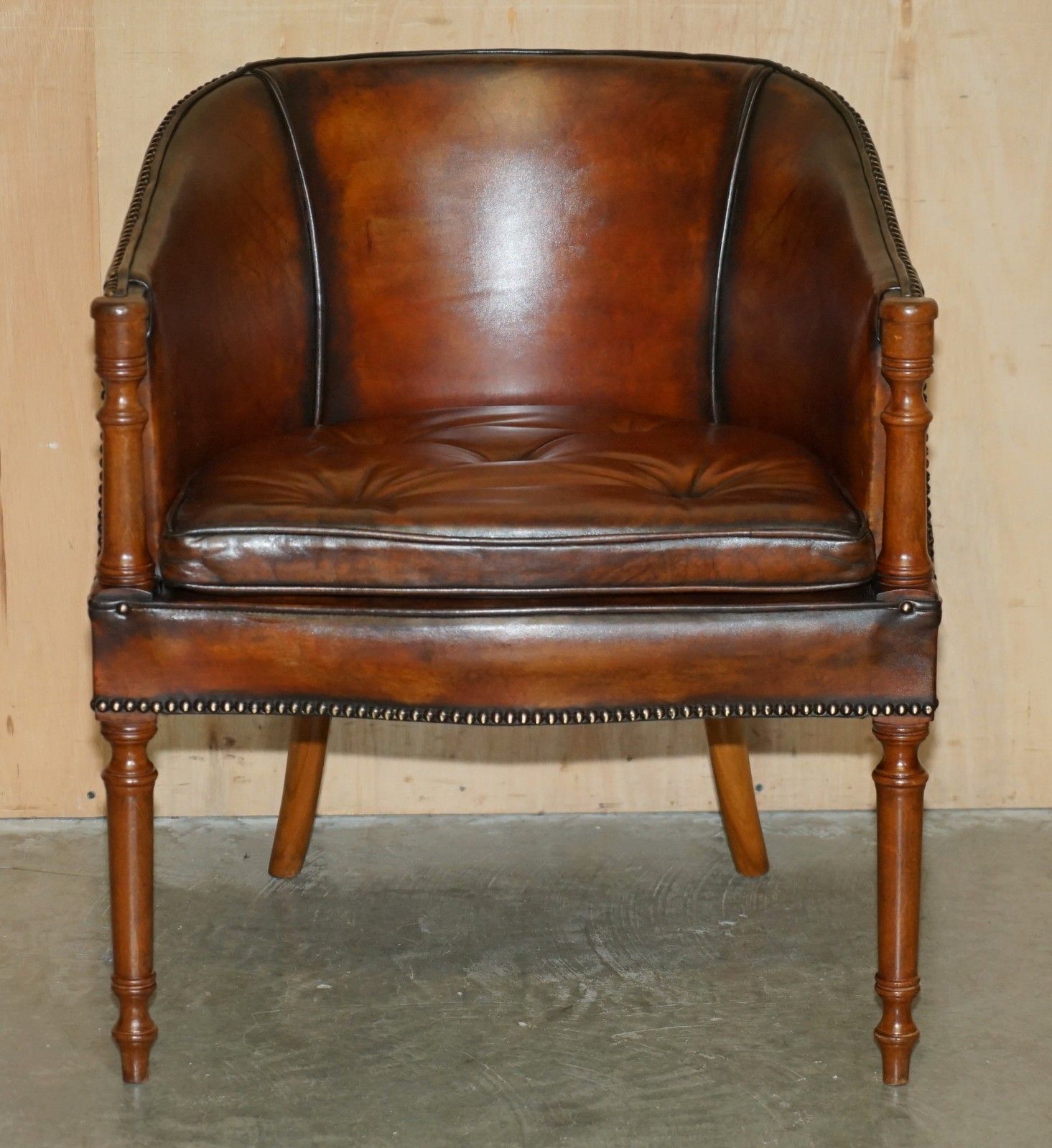 Pair Of Hand Dyed Brown Leather Davenport Barrel Back Chesterfield Armchairs photo Furniture