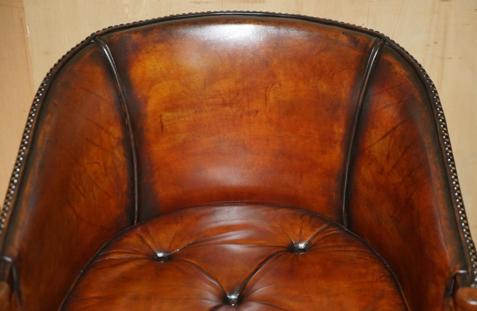 Pair Of Hand Dyed Brown Leather Davenport Barrel Back Chesterfield Armchairs photo vintage