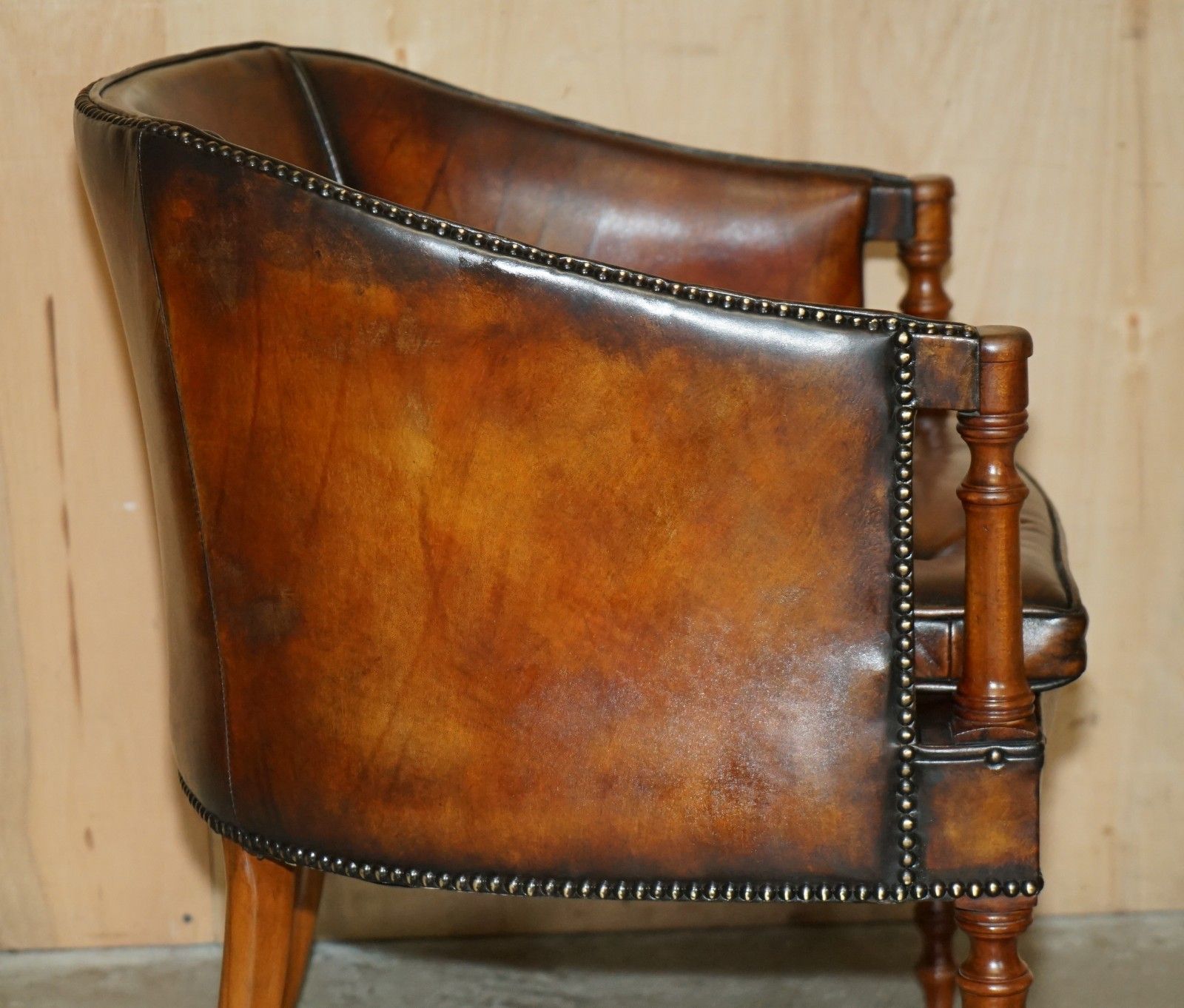 photo buy Pair Of Hand Dyed Brown Leather Davenport Barrel Back Chesterfield Armchairs
