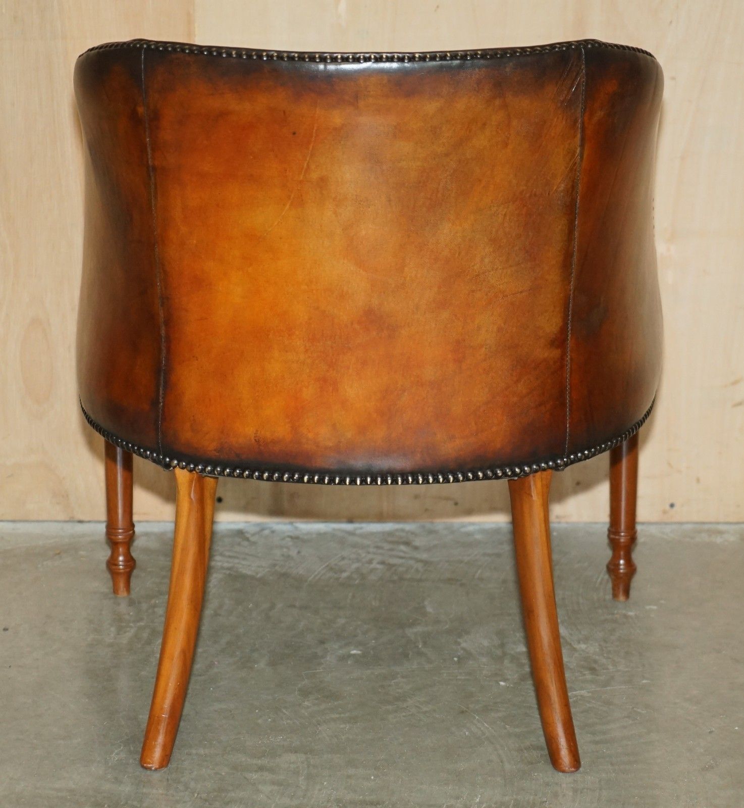 photo vintage Pair Of Hand Dyed Brown Leather Davenport Barrel Back Chesterfield Armchairs