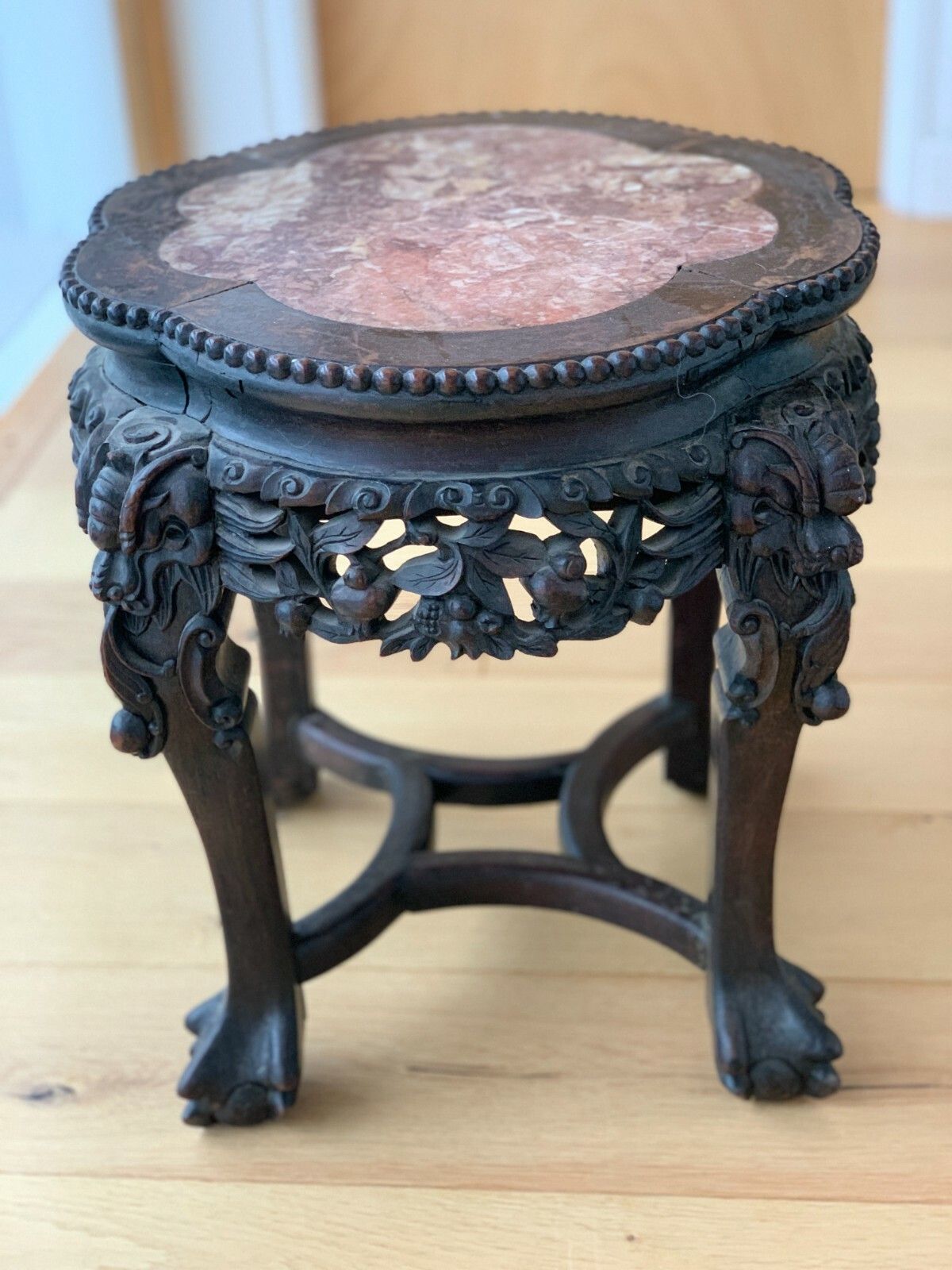 19th Century Oriental Hand Carved Teak Table With Marble Top photo for sale