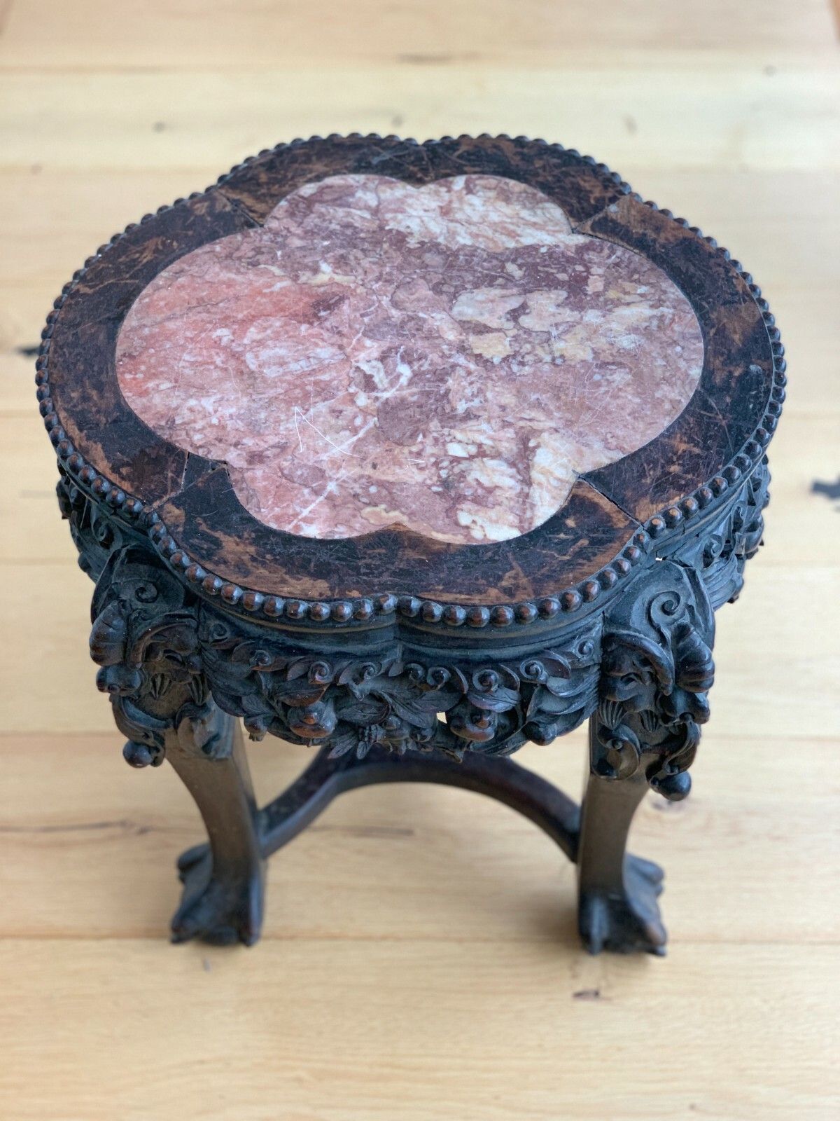 Furniture 19th Century Oriental Hand Carved Teak Table With Marble Top photo
