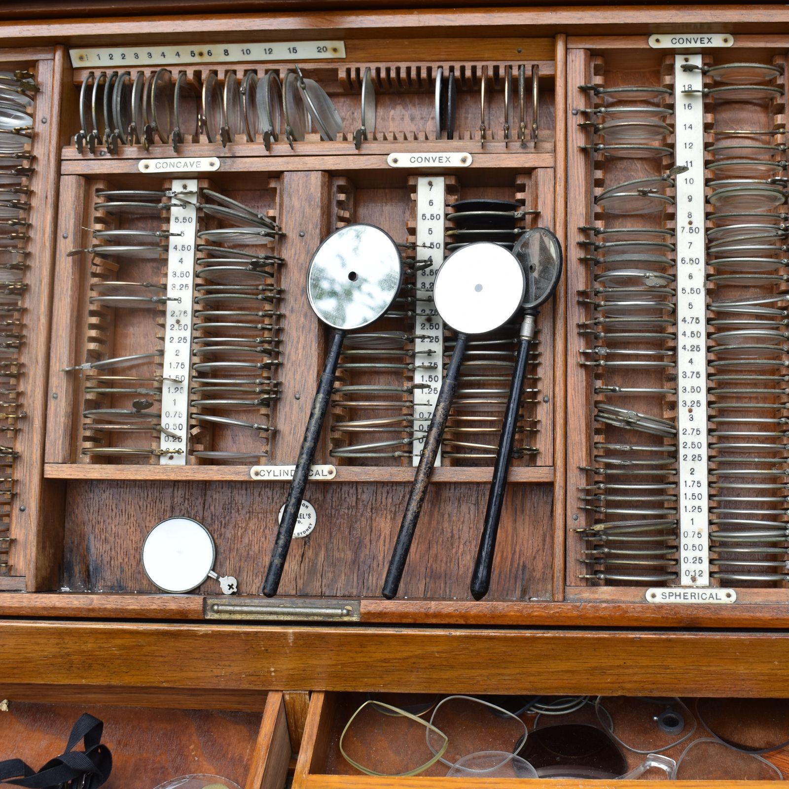 795.0 Antique 1900s Raphael's London Optometrist Opticians Tambour Fronted Oak Cabinet photo