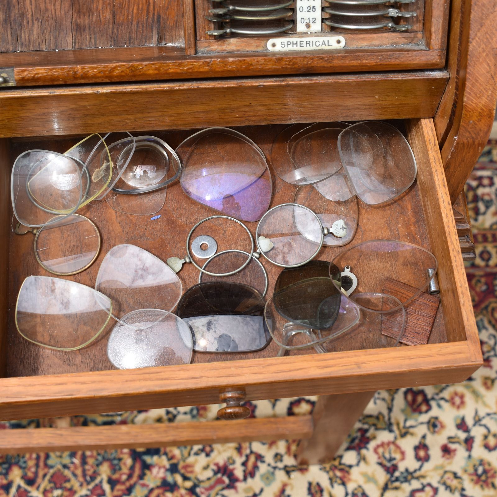 photo vinterior Antique 1900s Raphael's London Optometrist Opticians Tambour Fronted Oak Cabinet