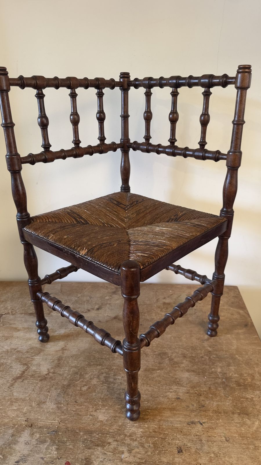 Vintage French Bobbin Corner Chair With A Woven Raffia Seat. photo 250.0