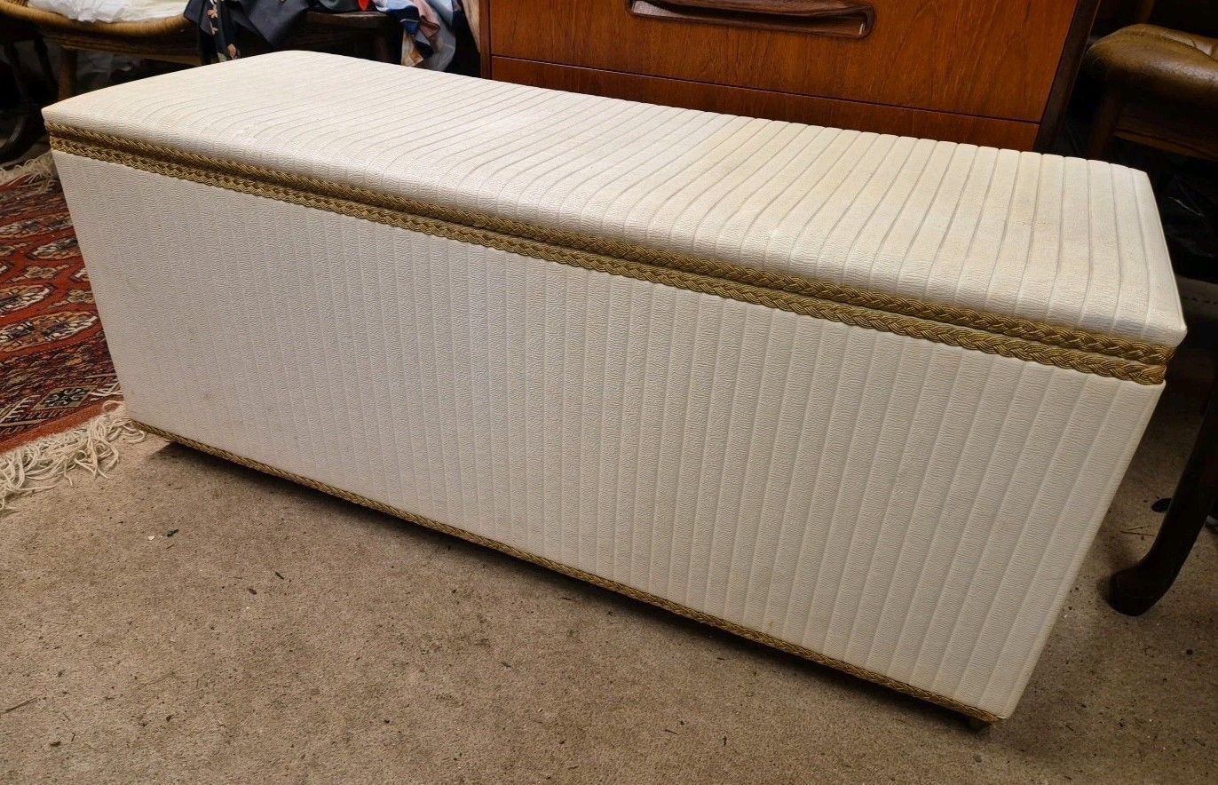 Mid Century, 1970's White Vinyl /Gold Accents Ottoman, Storage Chest, On Castors