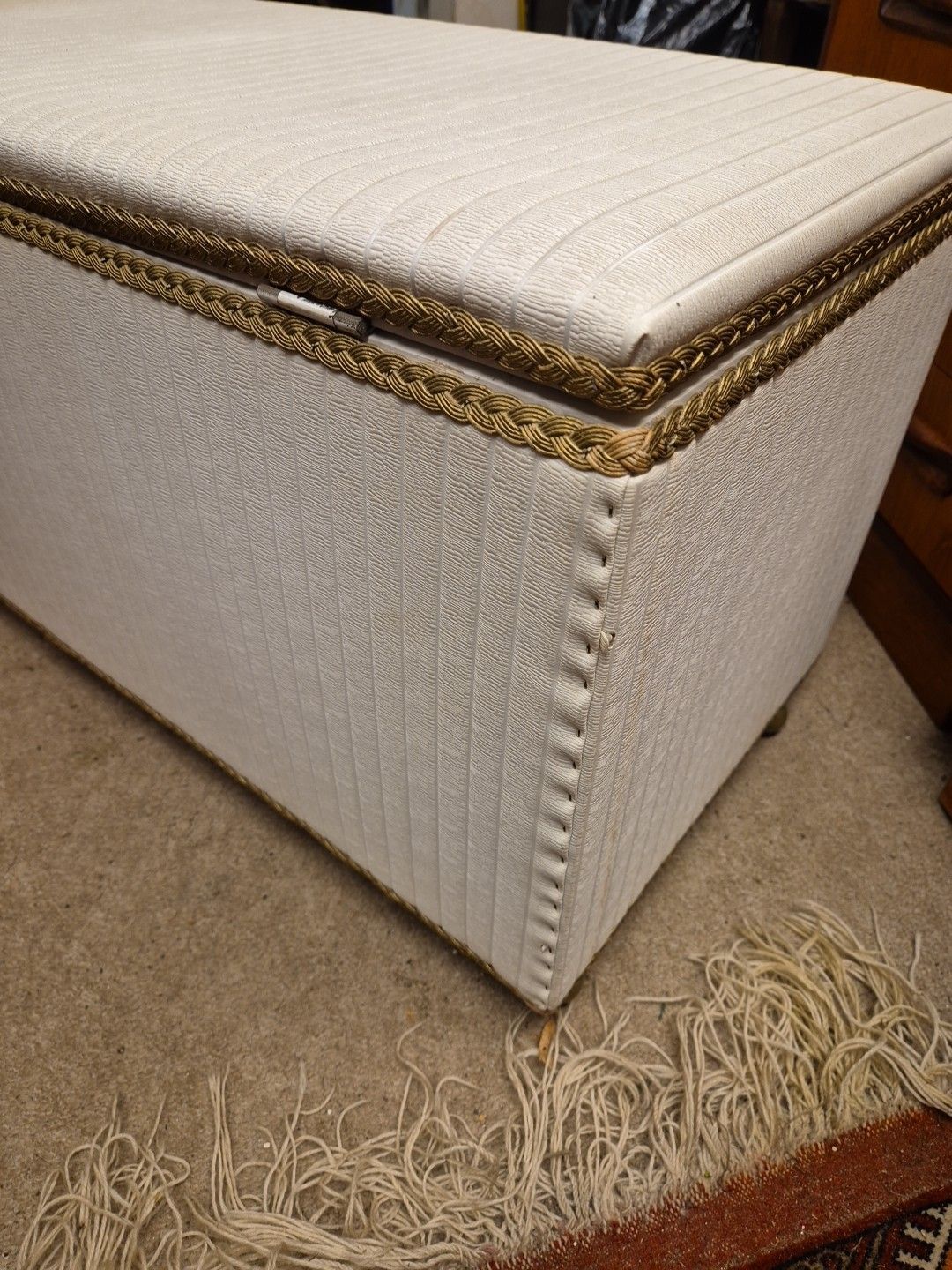 Mid Century, 1970's White Vinyl /Gold Accents Ottoman, Storage Chest, On Castors photo vintage