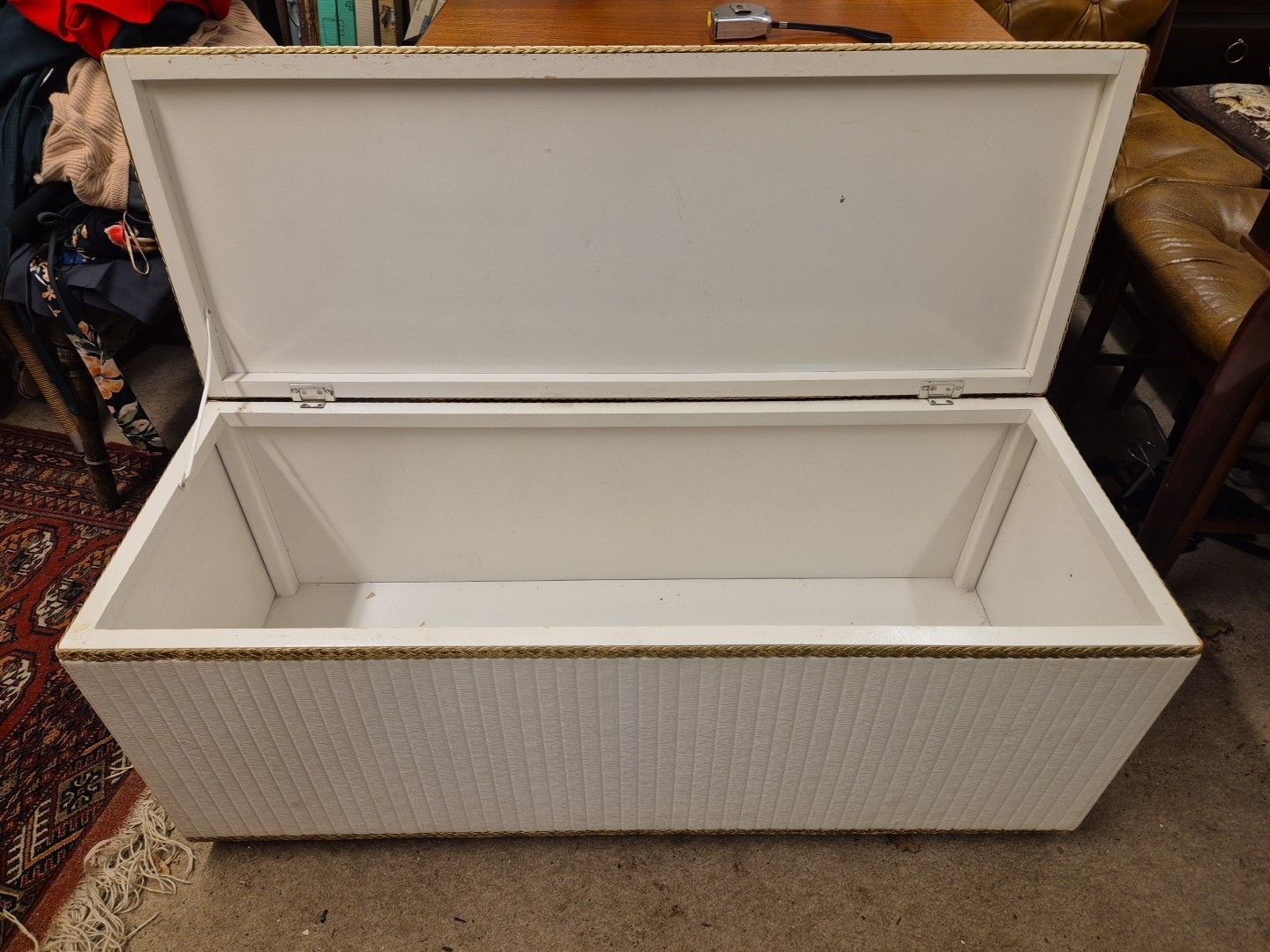65.0 Mid Century, 1970's White Vinyl /Gold Accents Ottoman, Storage Chest, On Castors photo