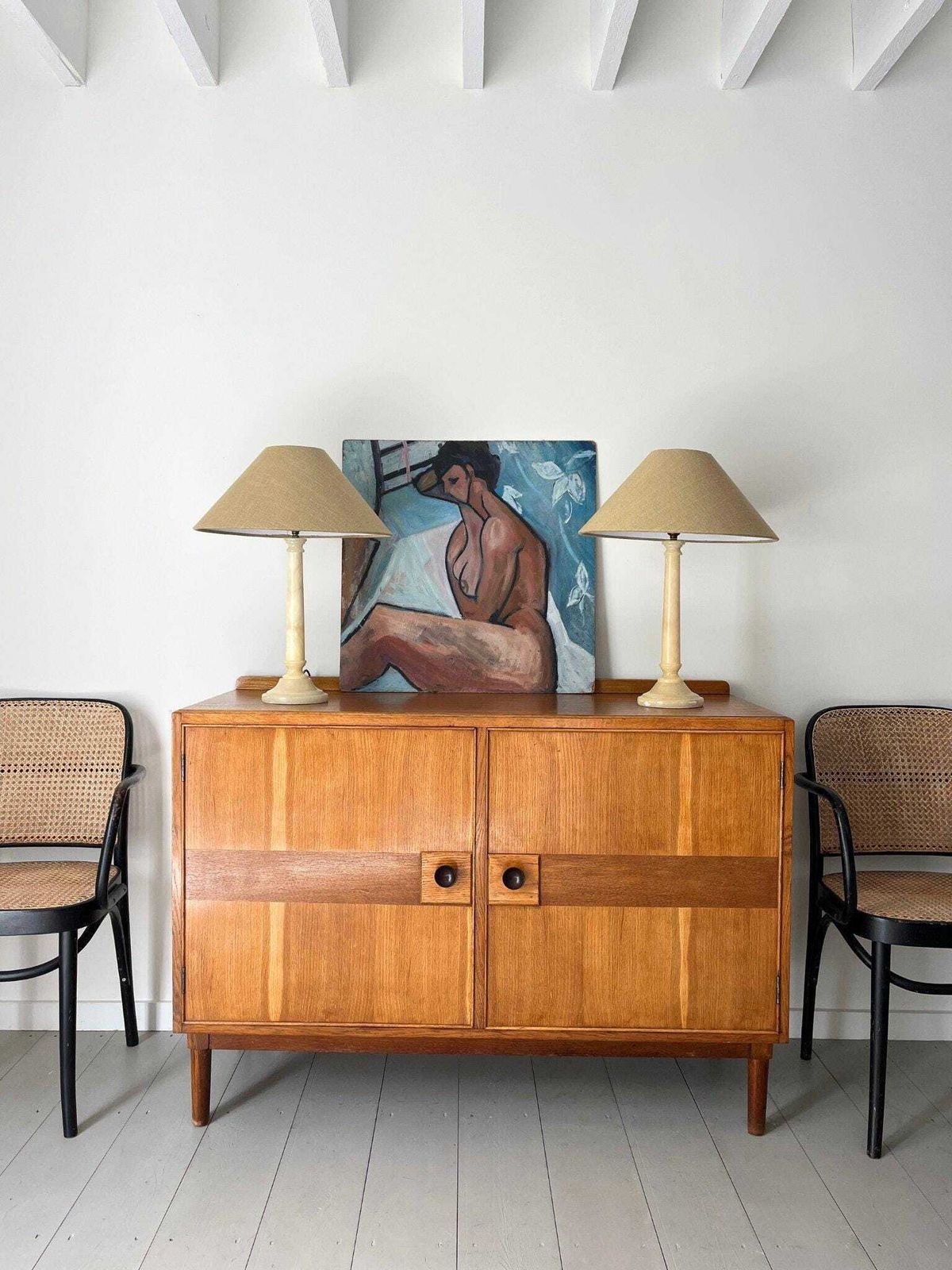 Stylised Nude Oil On Board Painting, A Vintage 20th Century Original Artwork photo furniture