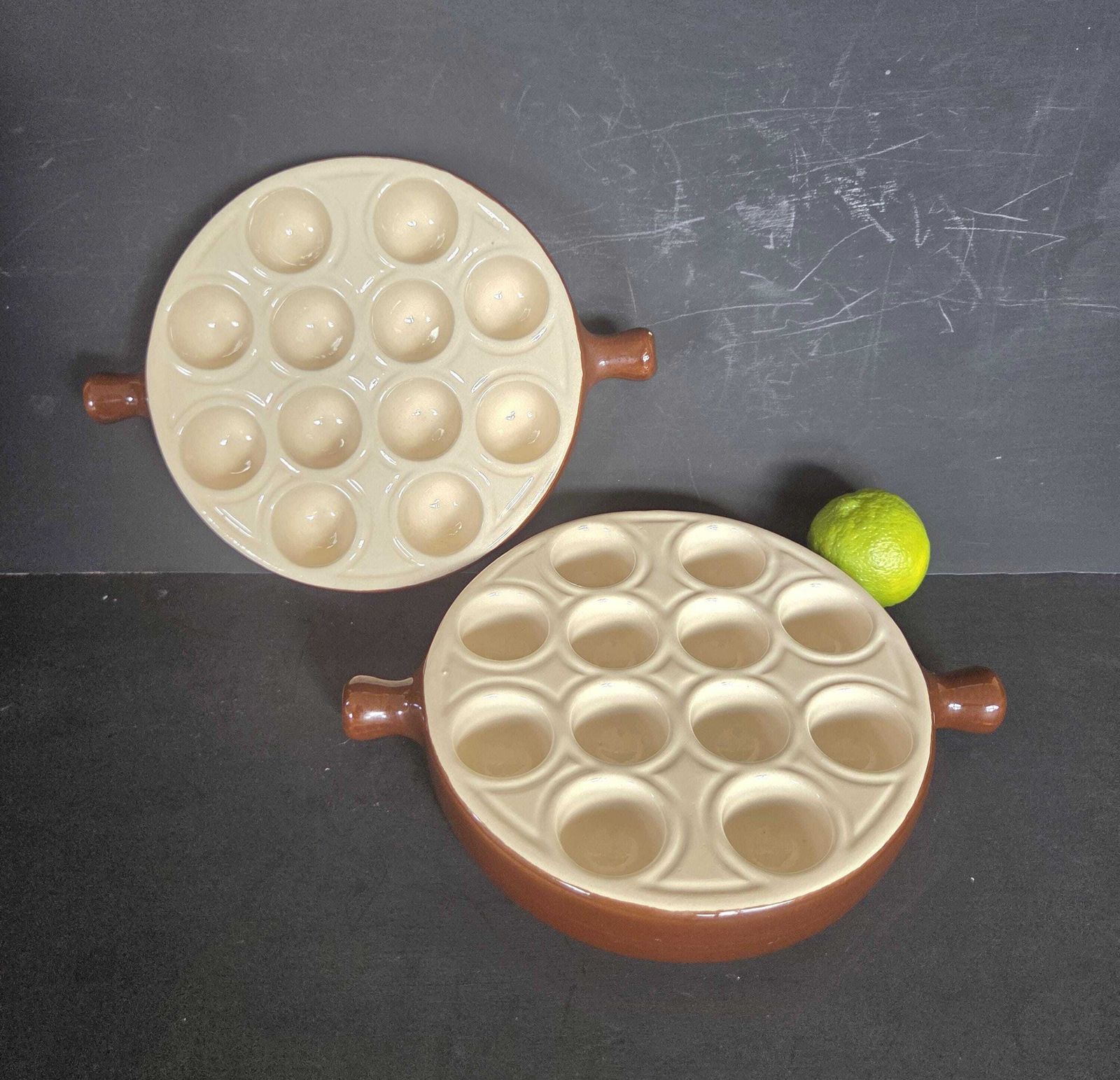 A Vintage Pair Of Emile Henry Heavy Duty Ceramic Escargot Or Snail Plates (Holds 12 Escargot), France, 1980s