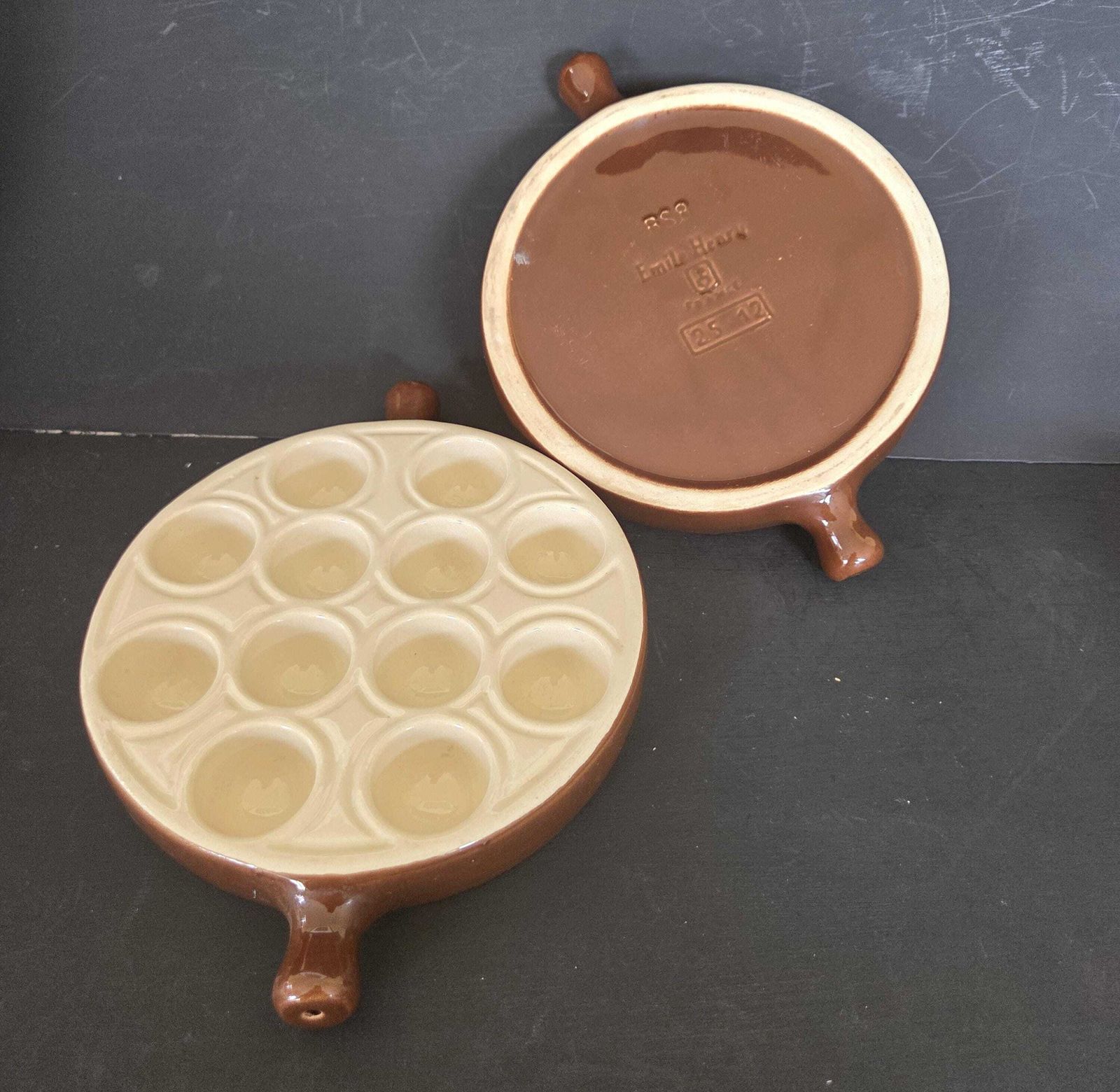 A Vintage Pair Of Emile Henry Heavy Duty Ceramic Escargot Or Snail Plates (Holds 12 Escargot), France, 1980s photo vinterior