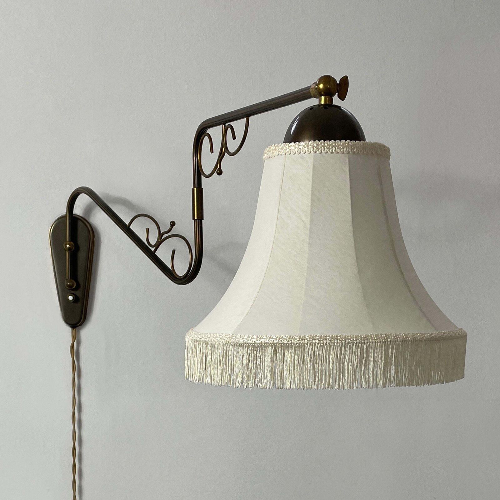 Brass And Fabric Wall Lamp With Joint, Sweden 1940s photo furniture