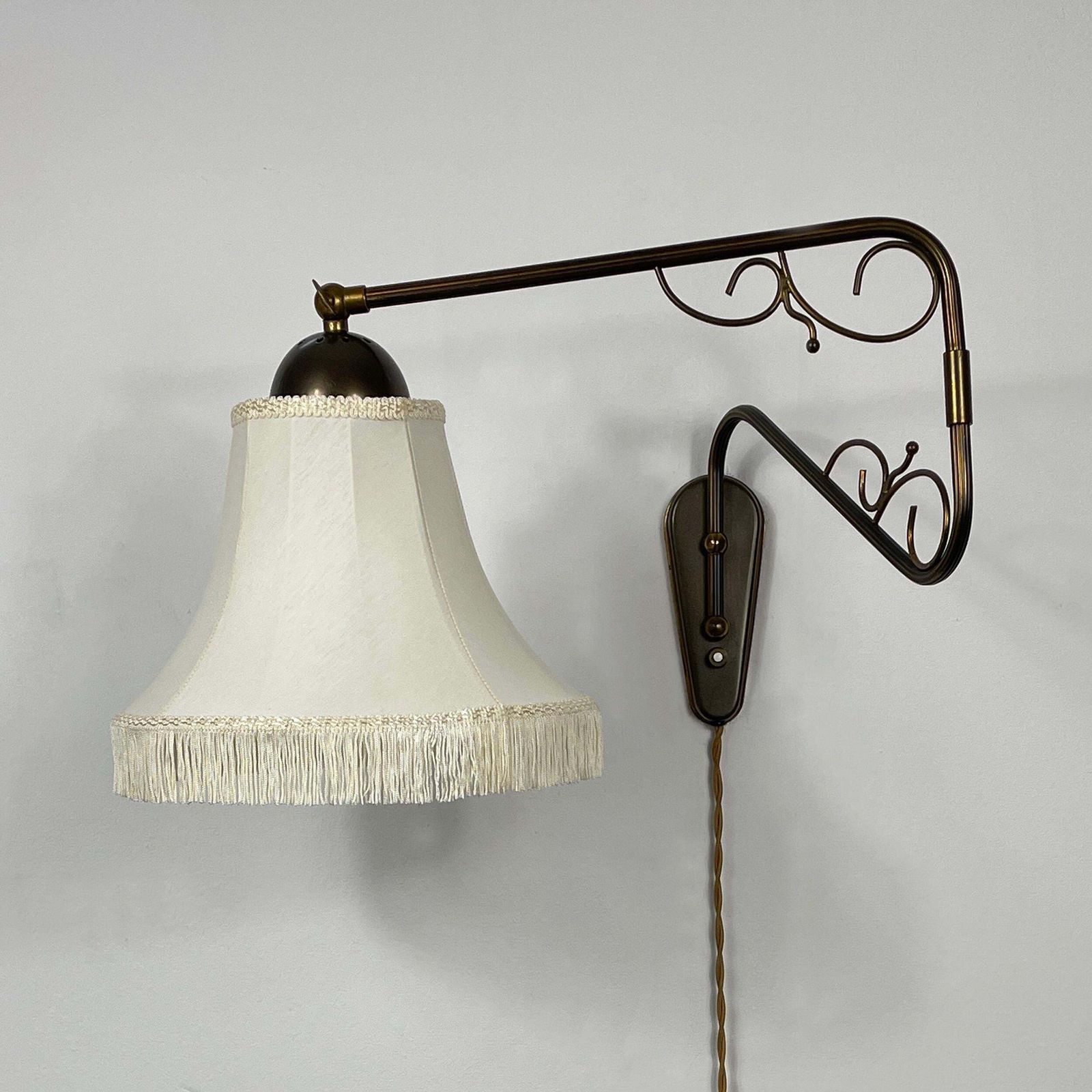 Brass And Fabric Wall Lamp With Joint, Sweden 1940s photo for sale