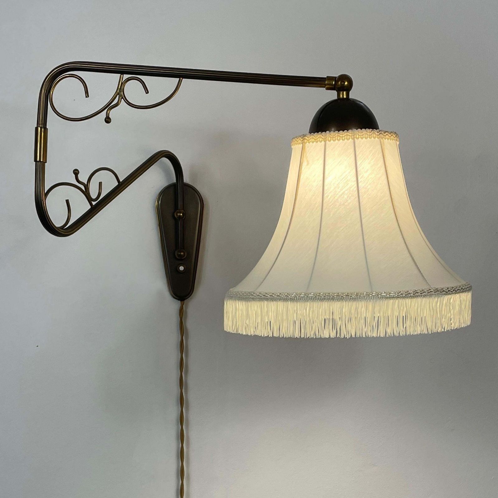 Brass And Fabric Wall Lamp With Joint, Sweden 1940s photo vinterior