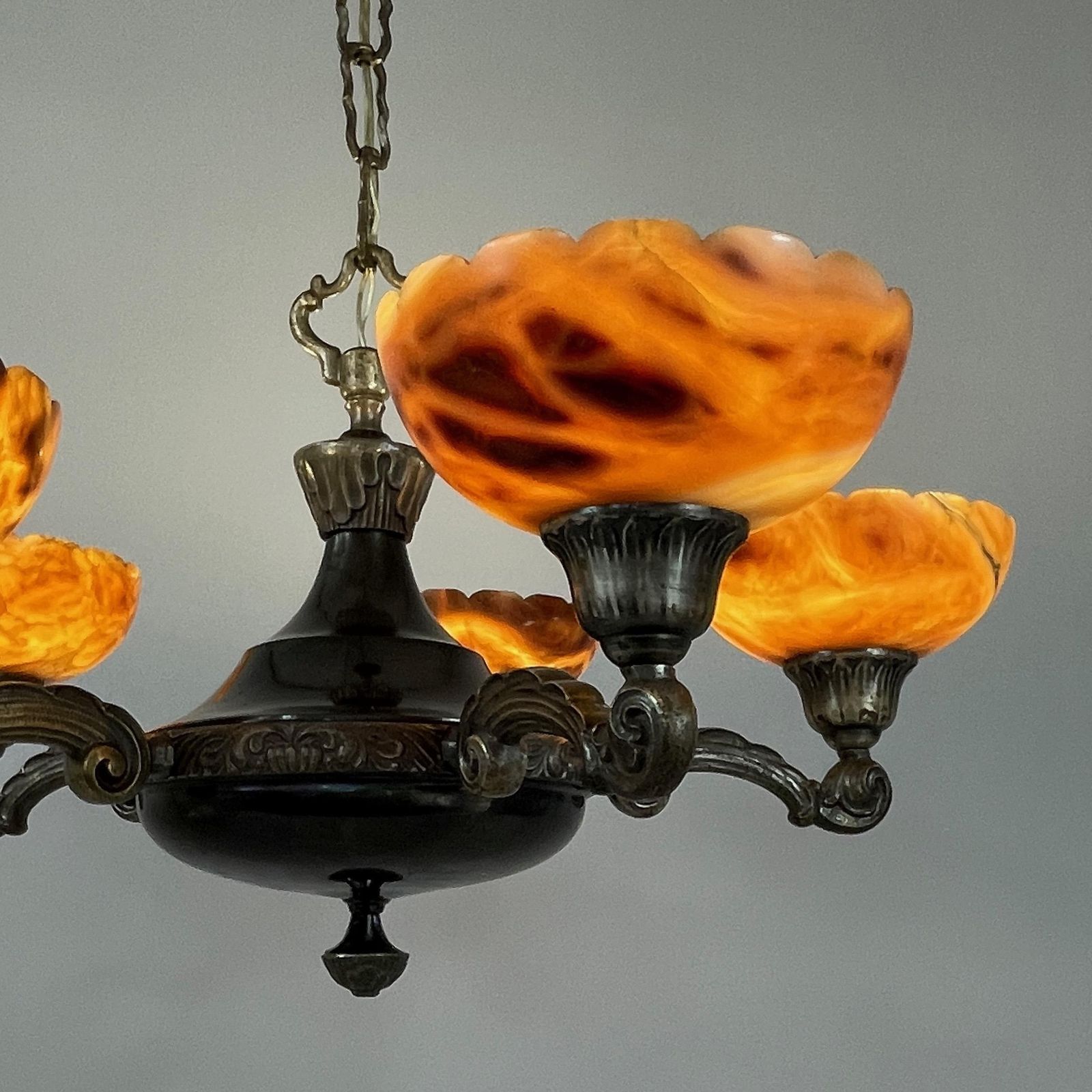 photo vinterior Nickel Plated 5 Light Chandelier Made Of Brass And Alabaster, Sweden 1920s To 1930s