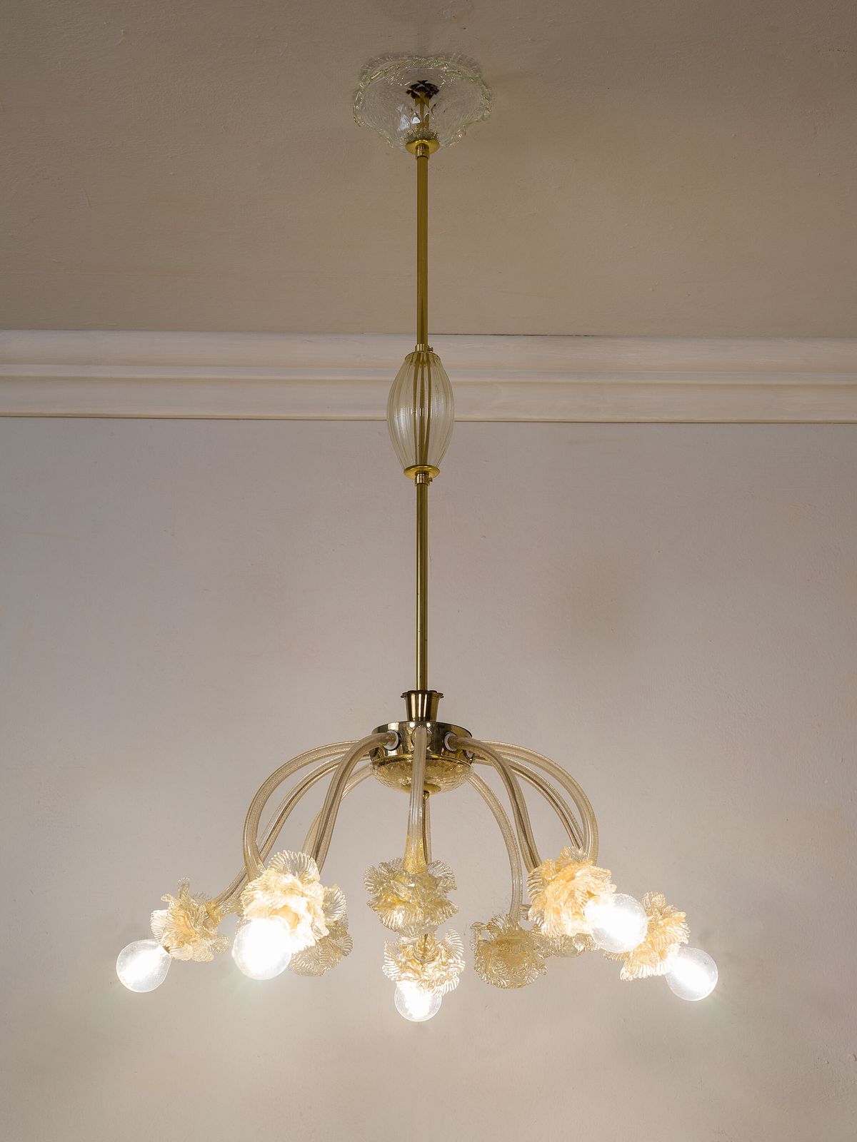 Vintage Chandelier In Clear Murano Blown Glass With Gold Dust, 5 Lights