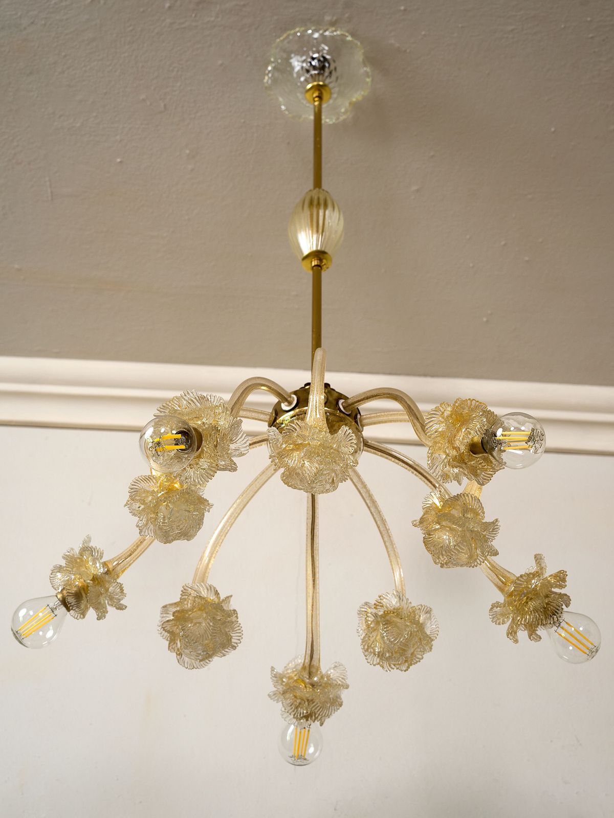 Vintage Chandelier In Clear Murano Blown Glass With Gold Dust, 5 Lights photo vintage