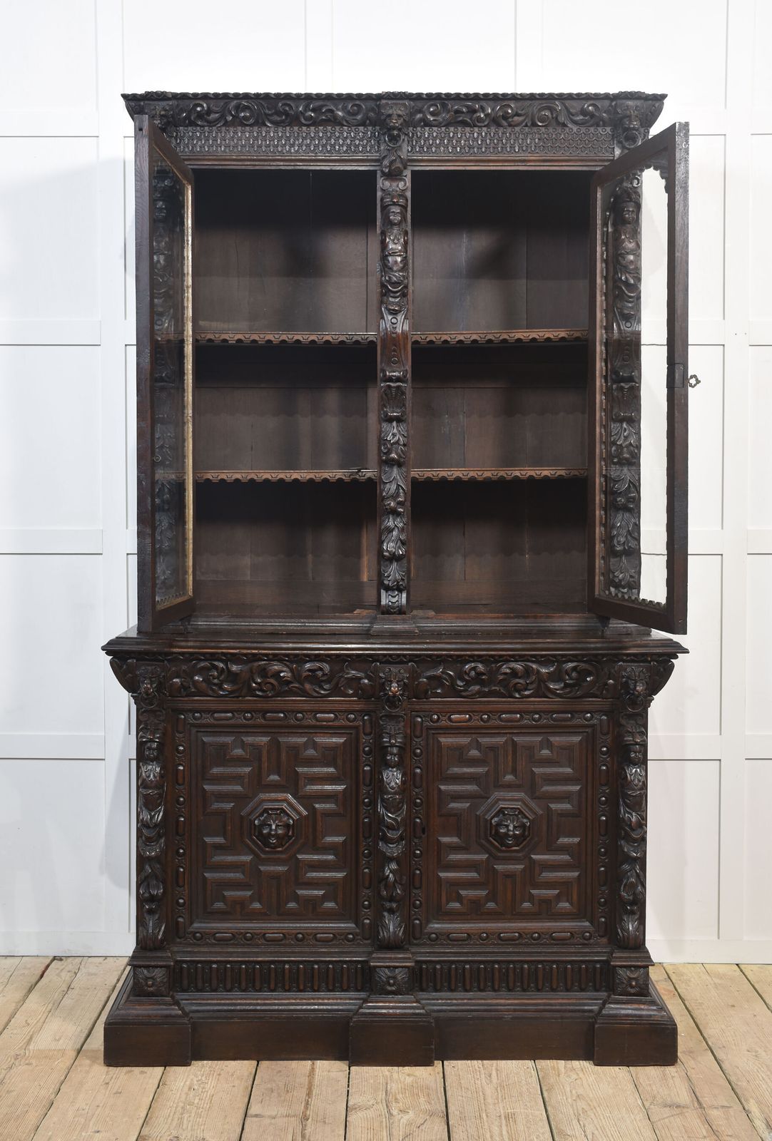 photo furniture Renaissance Revival Carved Oak Two Door Bookcase