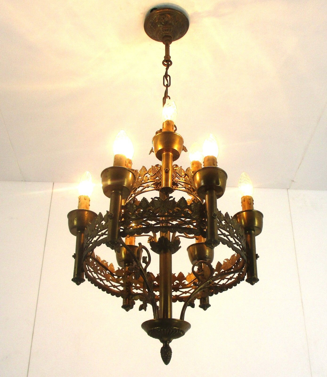 Gothic Ornate Brass 9 Arms Lights Chandelier Revival  Empire Impressive Antique photo for sale