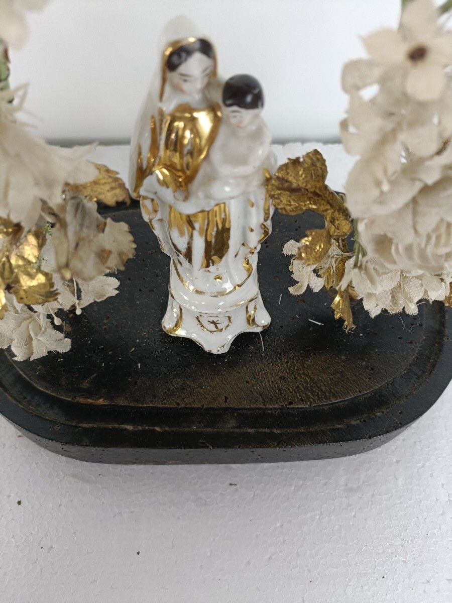 Antique Bridal Victorian Oval Hand Blown Glass Dome Vieux Paris Madonna Wreath G photo Home Decor