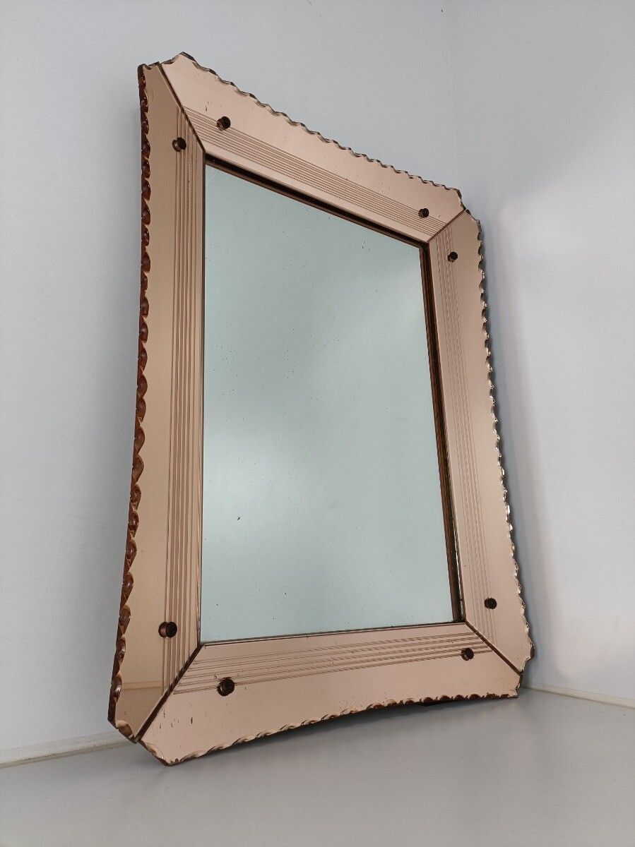 Art Deco Nouveau Wall Hanging Ornate Mirror Pink Clear Etched Glass Vanity Dress photo for sale