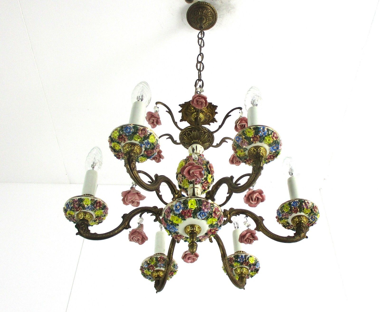 Italian Chandelier 6  Arm Lights Ornate Brass Porcelain Flowers Exquisite Wow photo 502.0