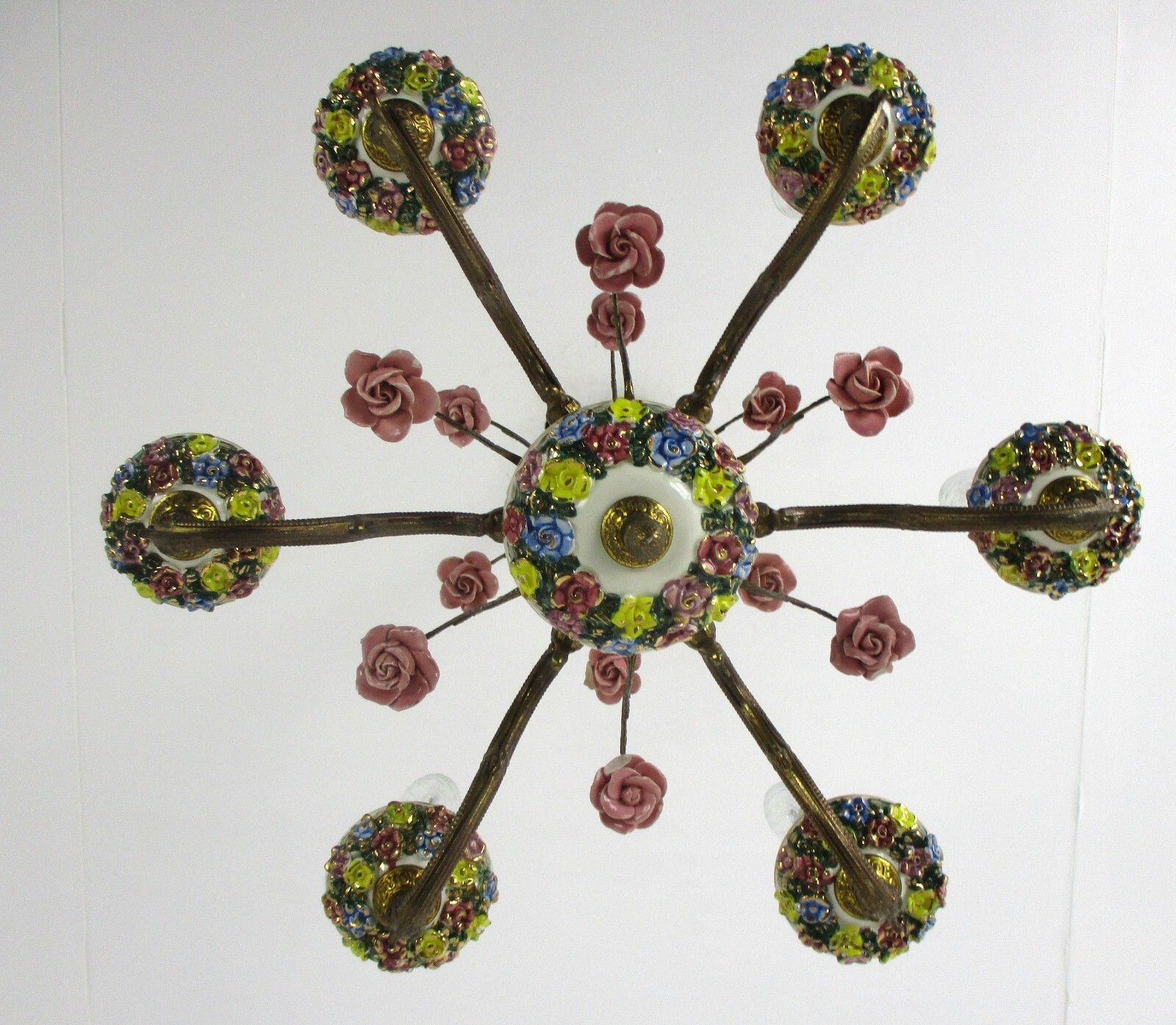 photo furniture Italian Chandelier 6  Arm Lights Ornate Brass Porcelain Flowers Exquisite Wow