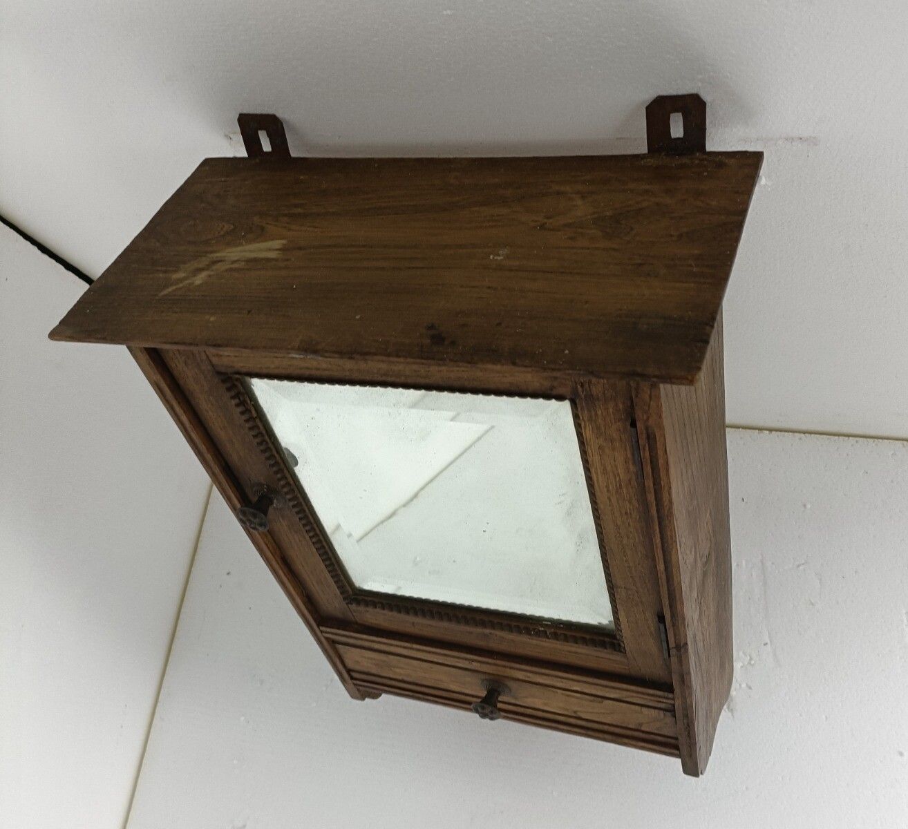 Medicine Apothecary Antique Wall Cabinet Beveled Glass Hobnails Lovely Wood Barn photo vintage