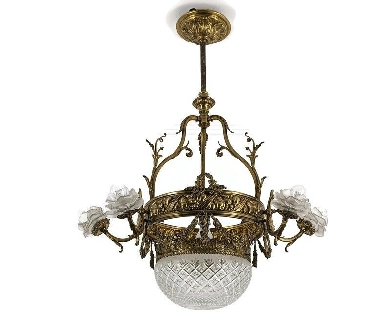 Art Deco Art Nouveau Chandelier Brass  Ornate Flower Shades Etched Glass 7 Light