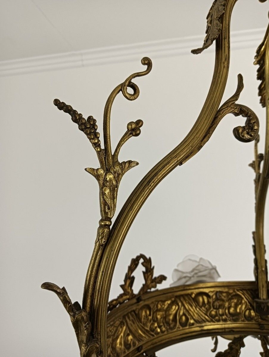 Art Deco Art Nouveau Chandelier Brass  Ornate Flower Shades Etched Glass 7 Light photo buy