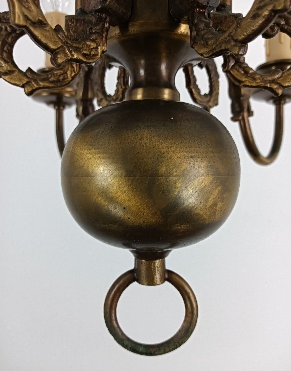 Medium Chandelier Flemish Dutch Brass Fish Vintage 6 Lights Farmhouse Country St photo for sale