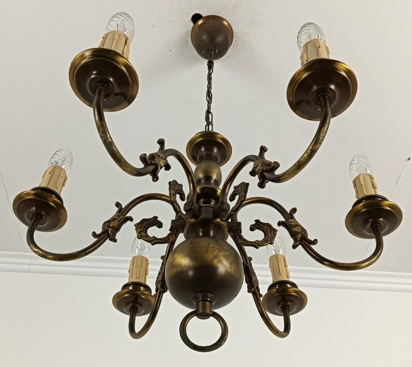 Medium Chandelier Flemish Dutch Brass Fish Vintage 6 Lights Farmhouse Country St photo vintage