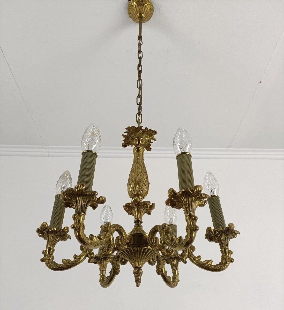 Vintage Brass French Chandelier Louis XV Style Ornate 6 Lights Hollywood Regency photo vinterior