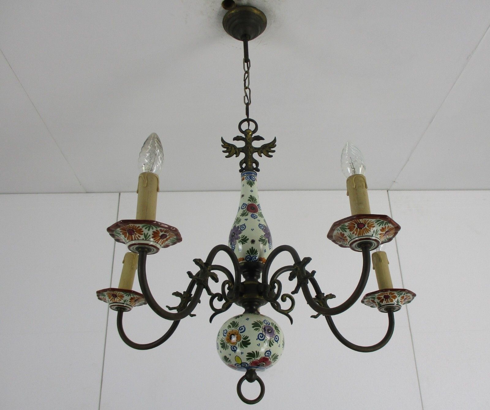 Vintage Delft Polychrome Porcelain Brass Chandelier 5 Lights Marked Htf Flowers photo 427.0