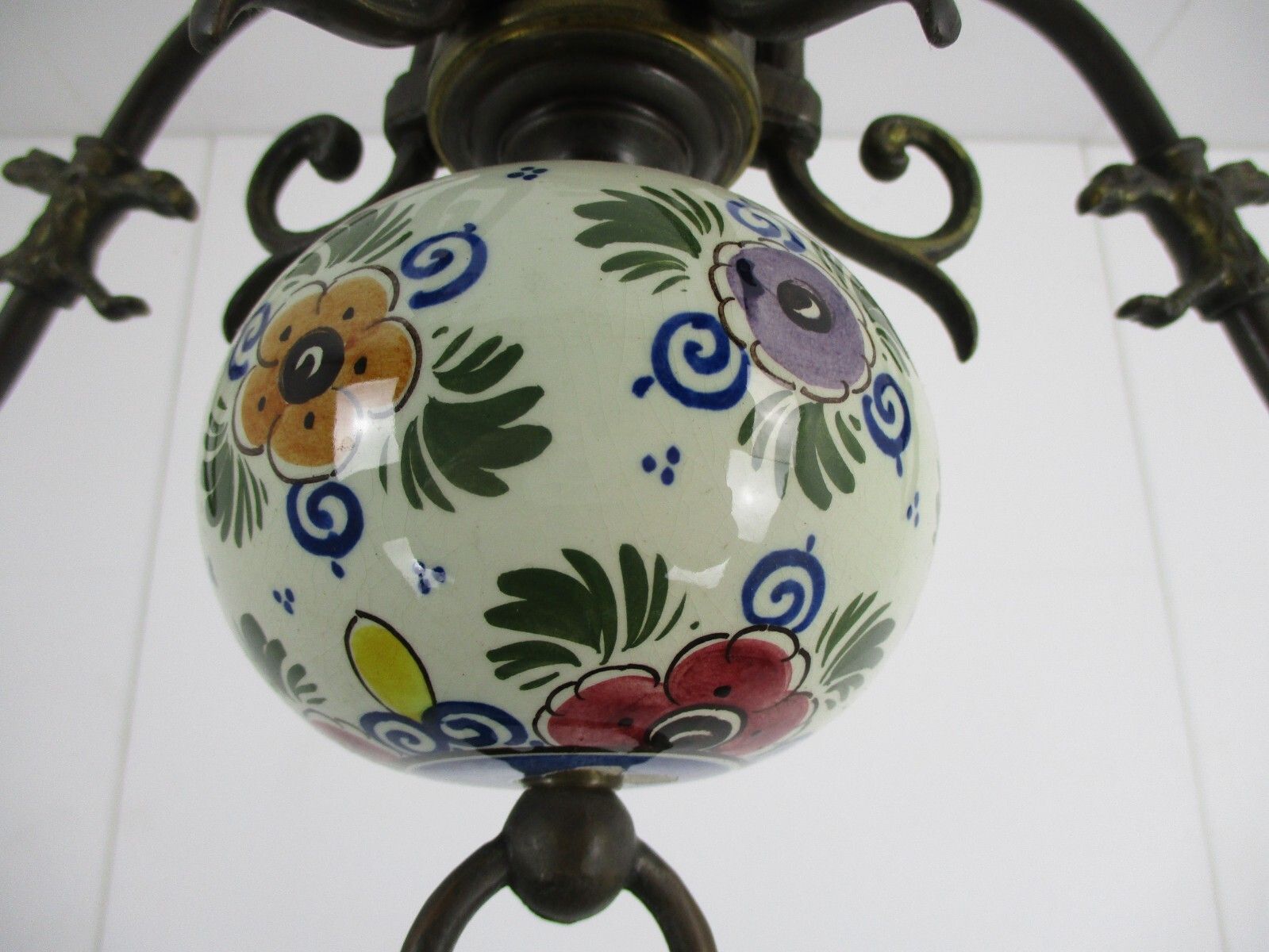 Vintage Delft Polychrome Porcelain Brass Chandelier 5 Lights Marked Htf Flowers photo vintage
