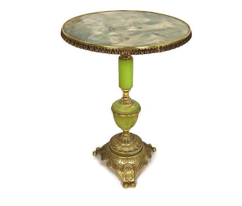 Side Occasional Table Ornate Brass Faux Marble Pedestal Plant Stand Hollywood Re